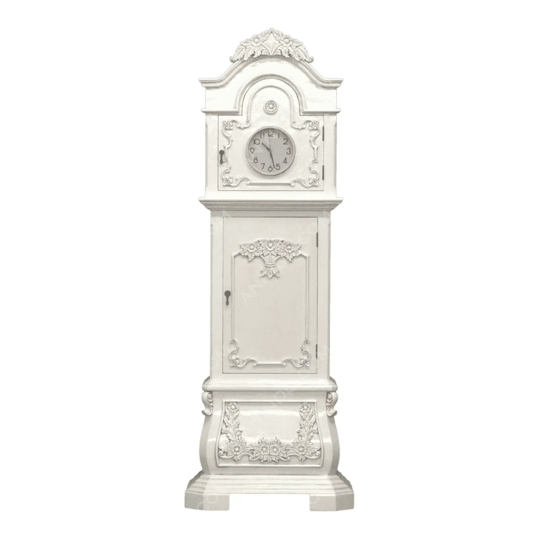 White antique grandfather clock with ornate details