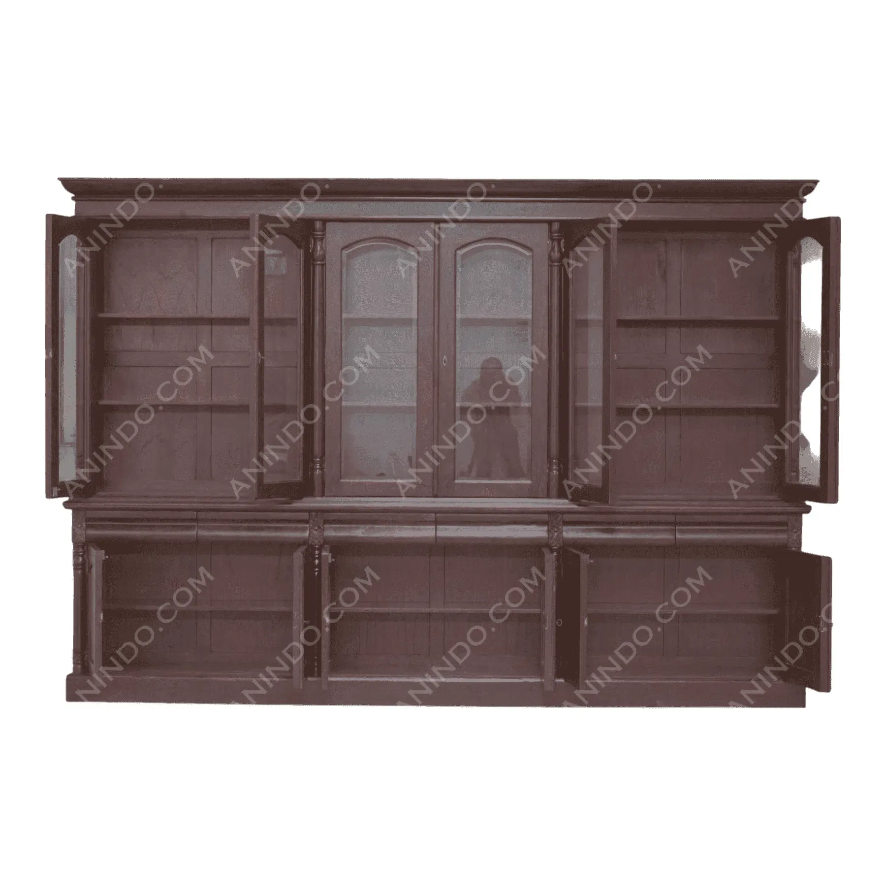 Large wooden cabinet with open glass doors