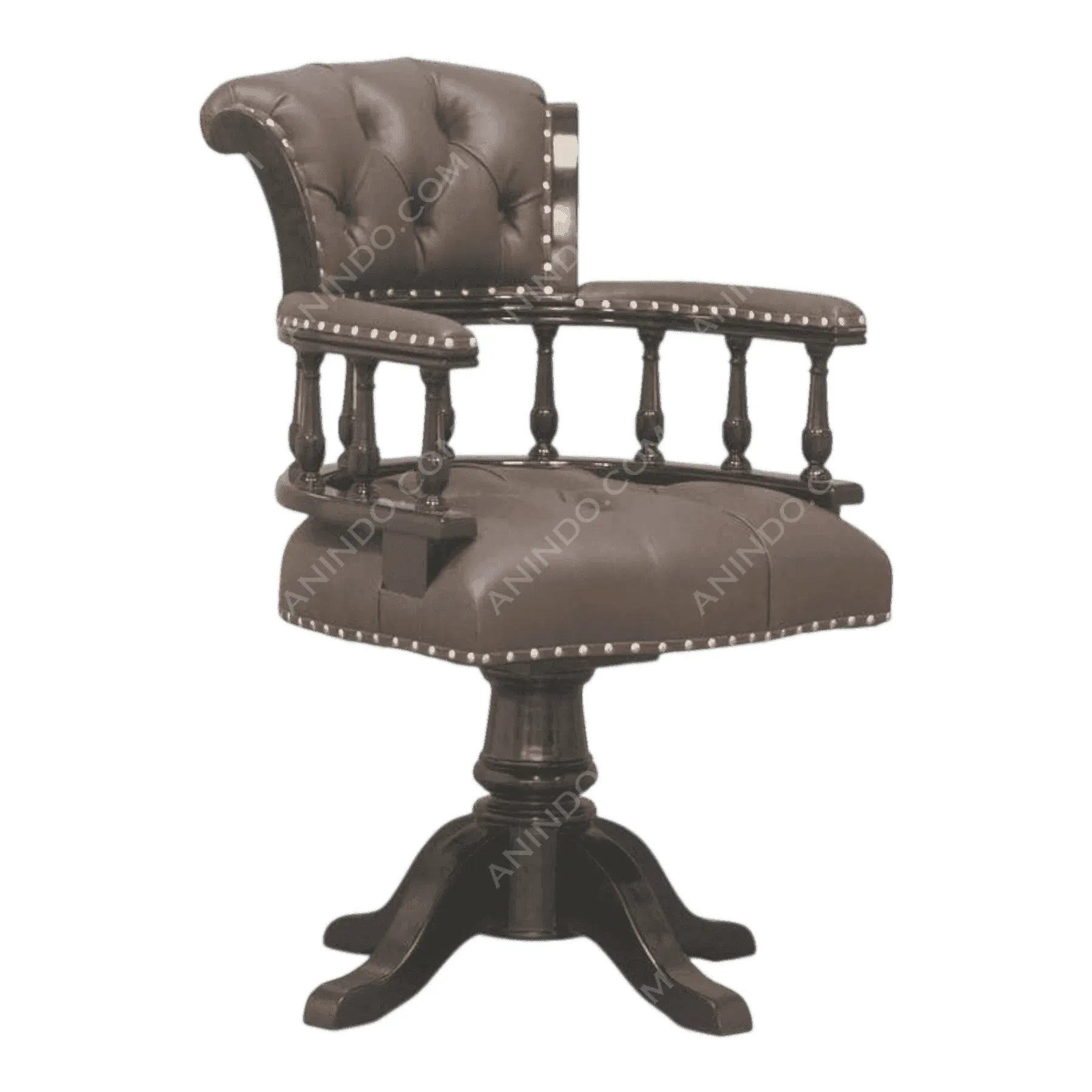 Brown leather swivel office chair with wooden base