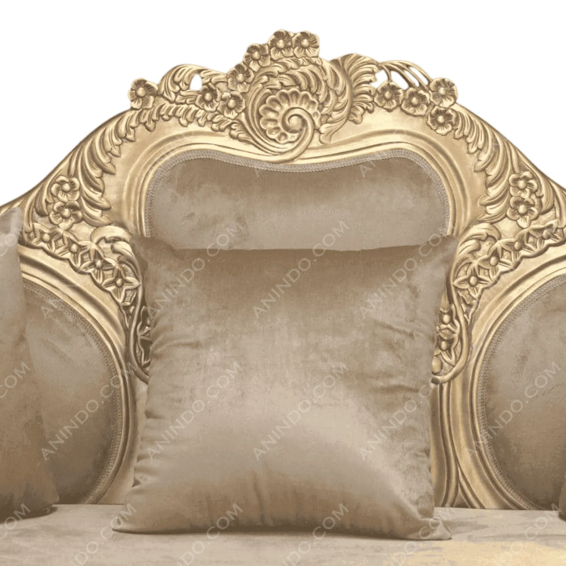Luxurious gold ornate headboard with velvet pillows