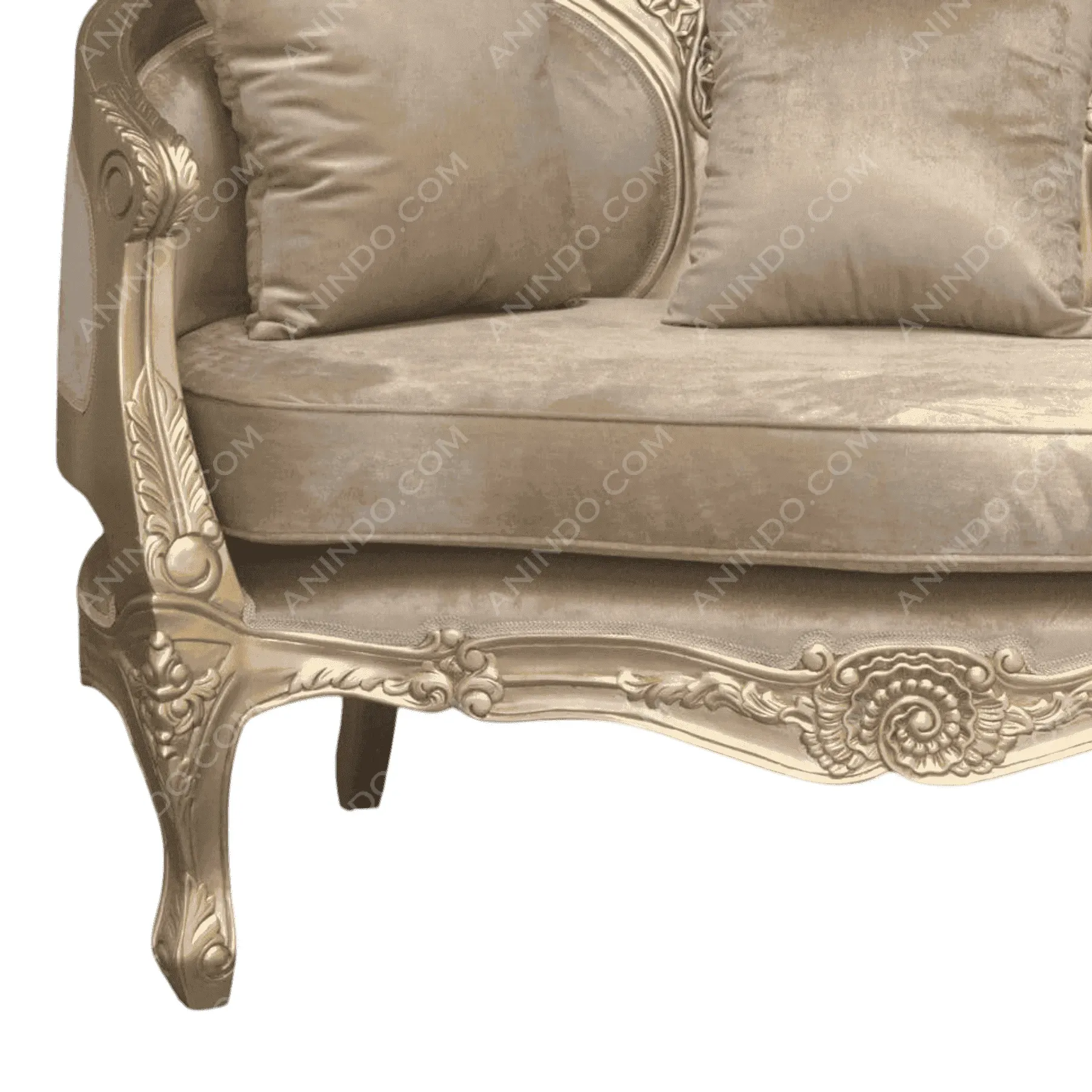 Elegant beige velvet sofa with ornate wooden frame