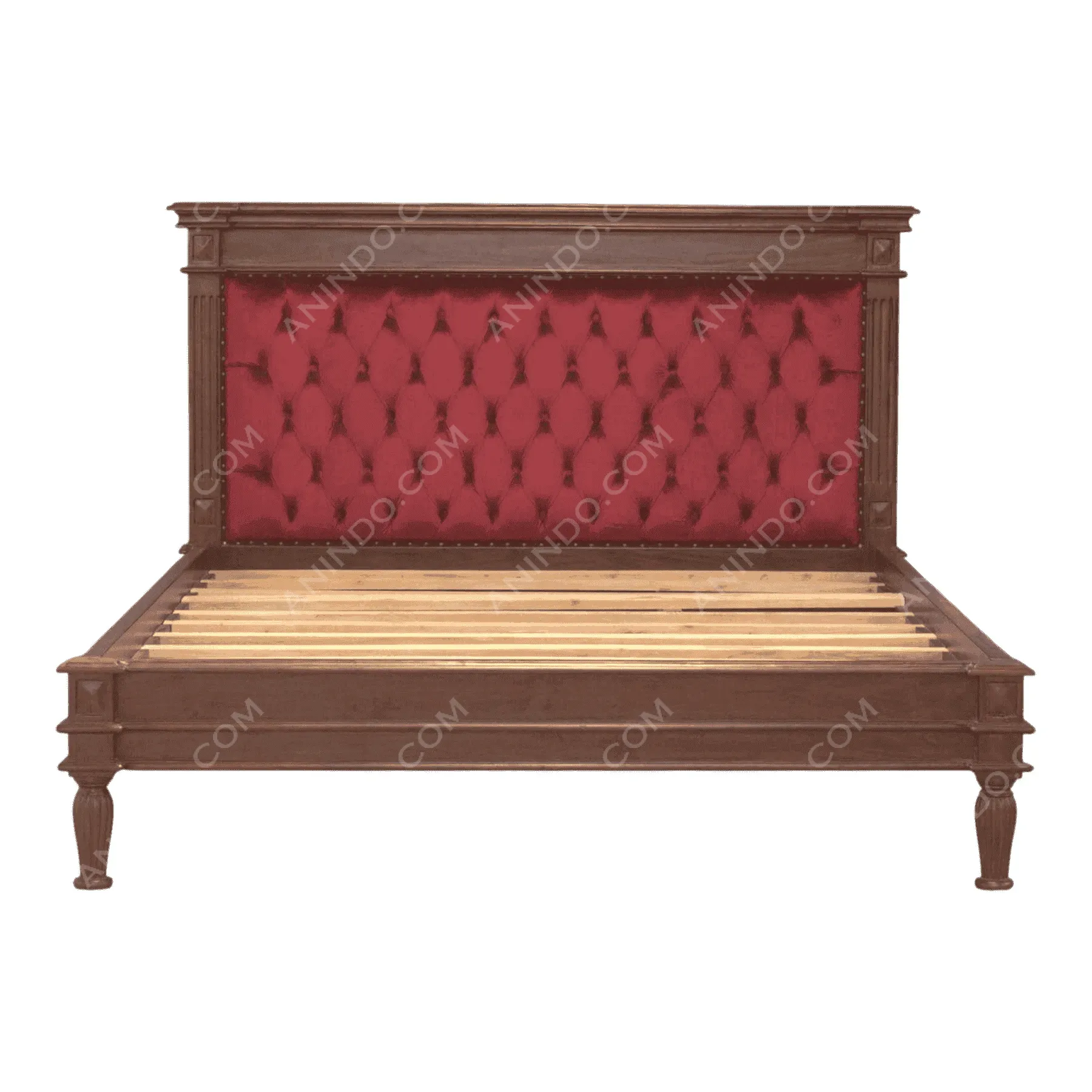 Wooden bed frame with red tufted headboard
