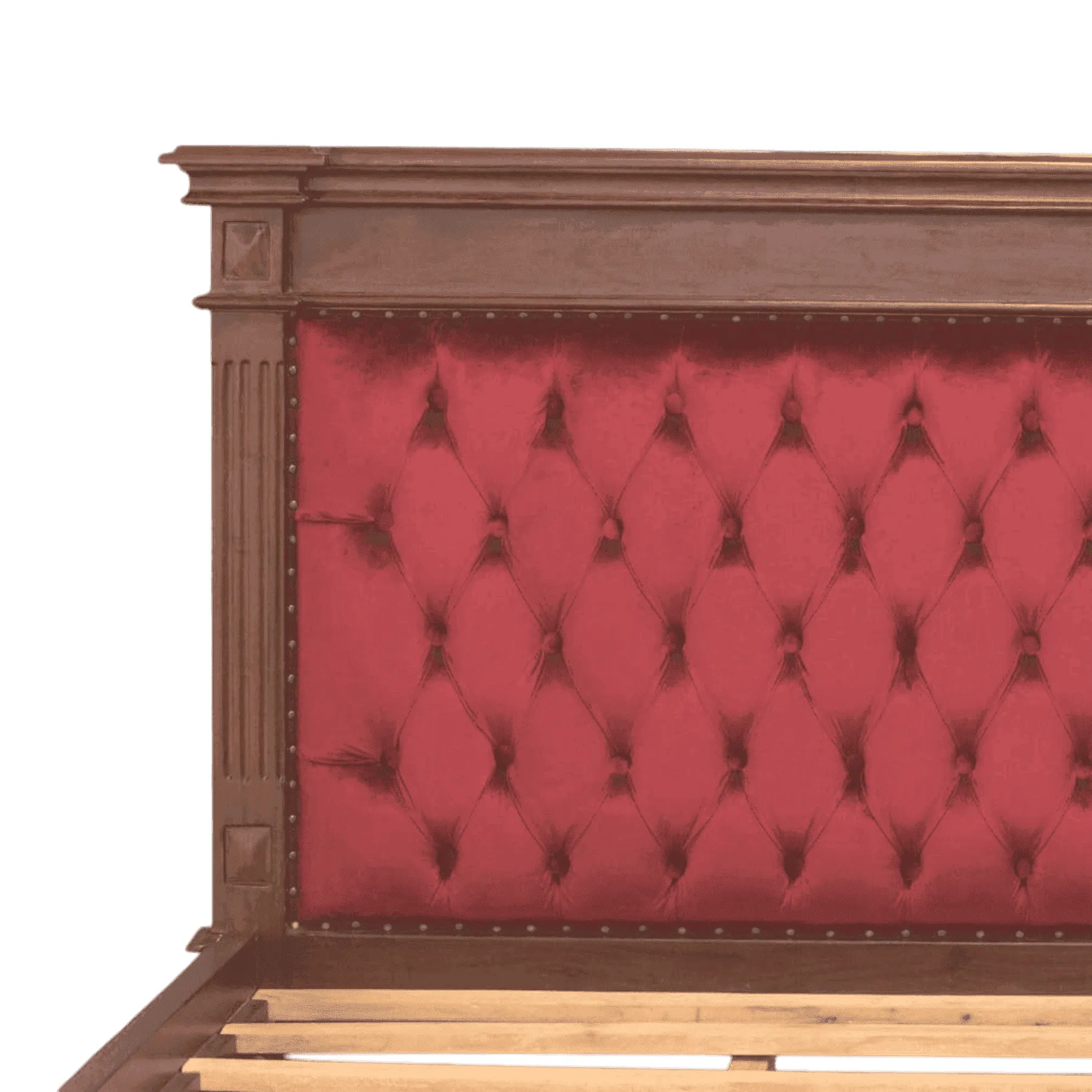 Wood bed frame with red tufted headboard