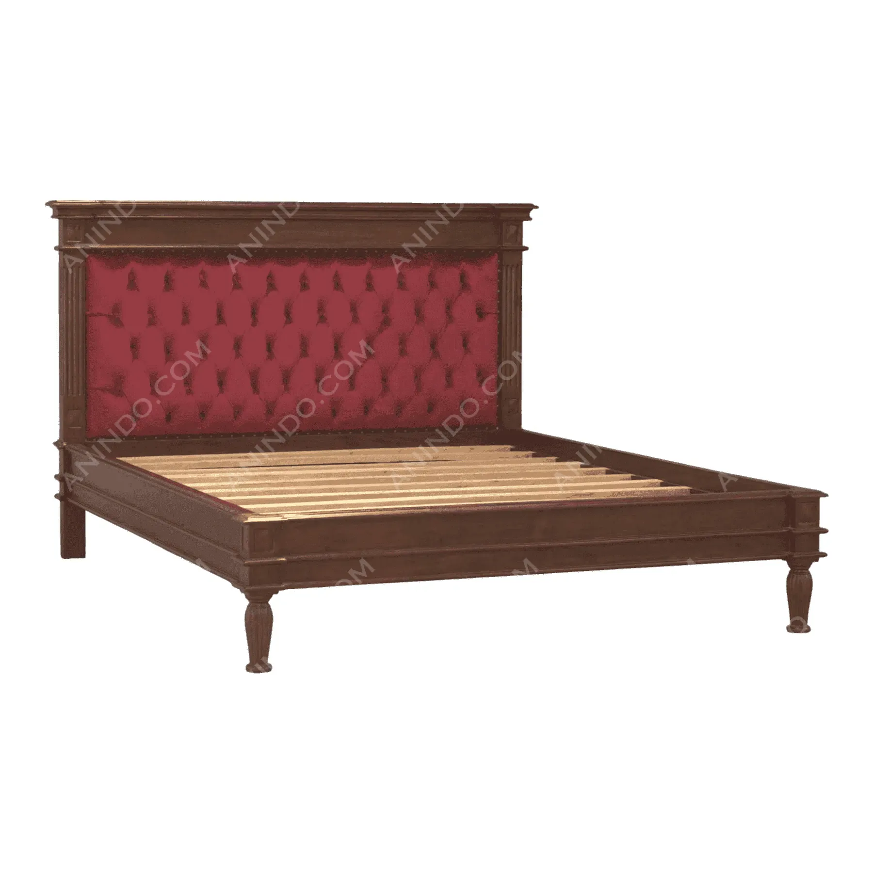 Wooden bed with red tufted headboard