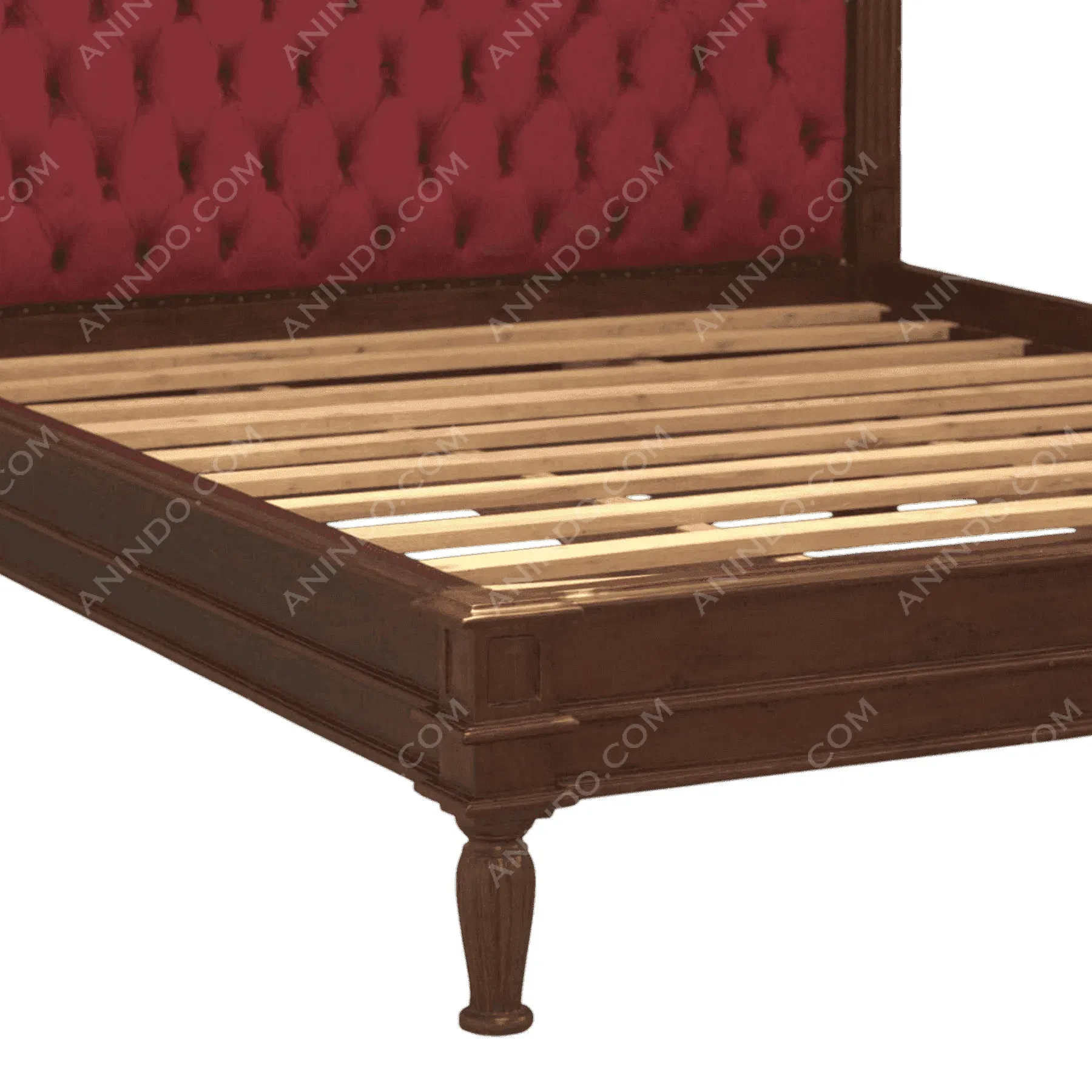 Wooden bed frame with red tufted headboard