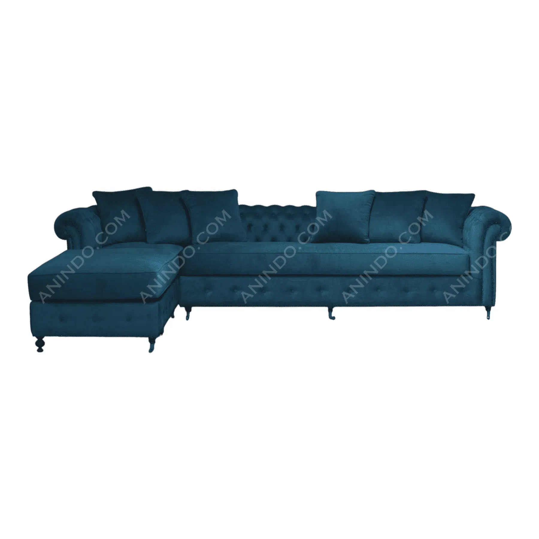 Blue velvet sectional sofa with tufted design