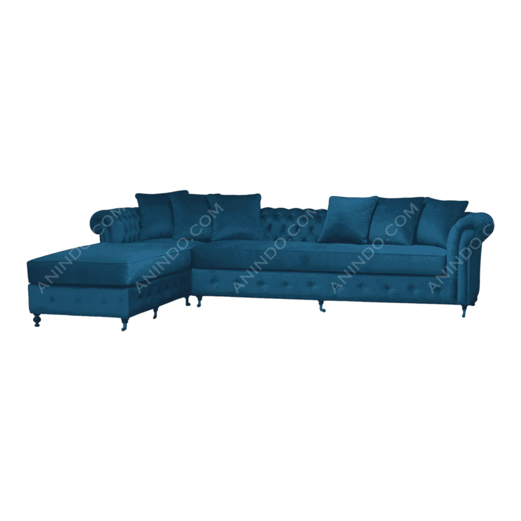 Blue velvet sectional sofa with chaise lounge