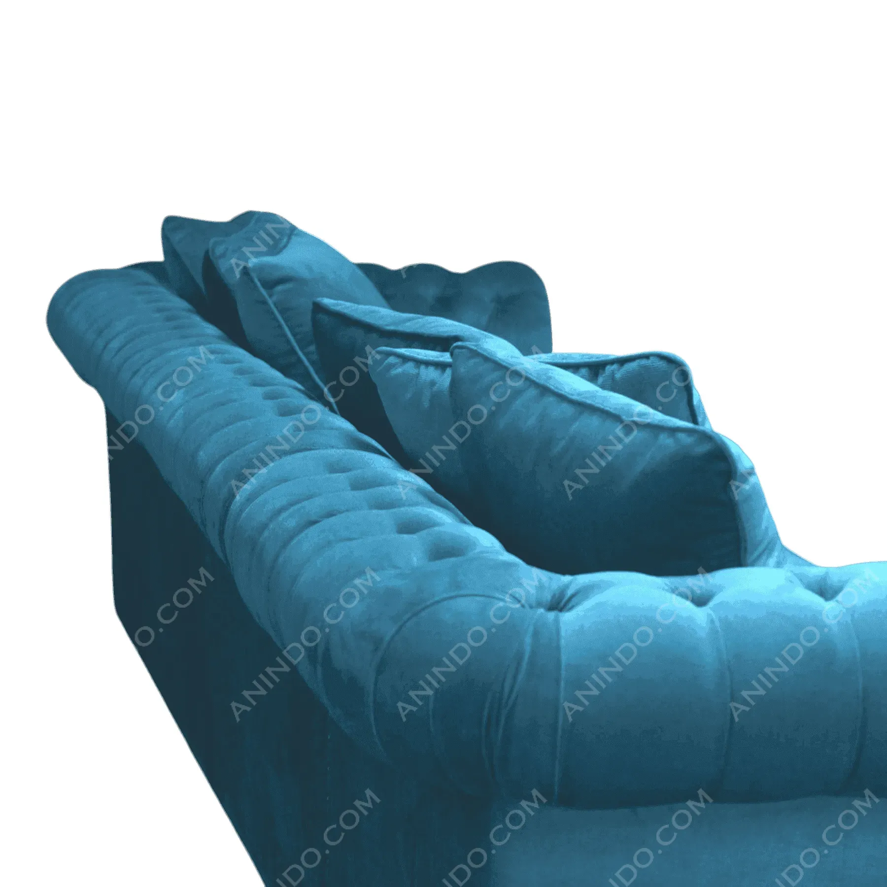Blue velvet tufted sofa with cushions