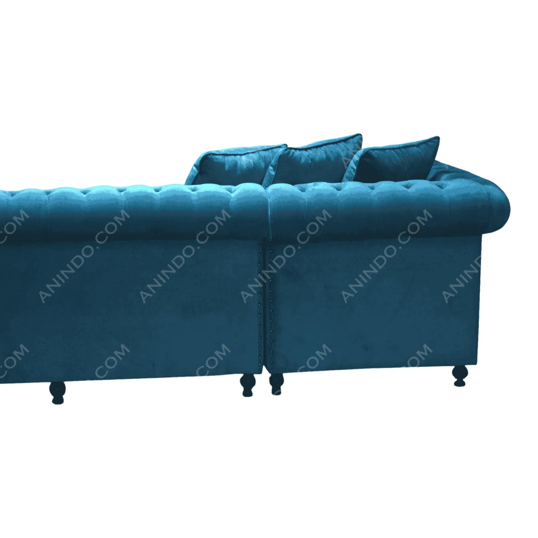Blue velvet sectional sofa with cushions