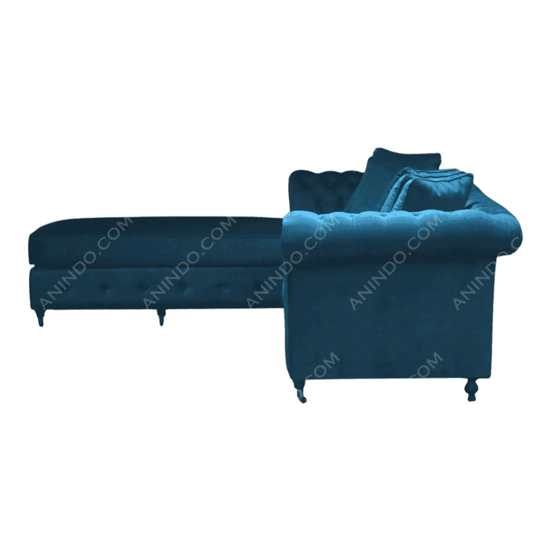 Blue velvet sectional sofa with cushions