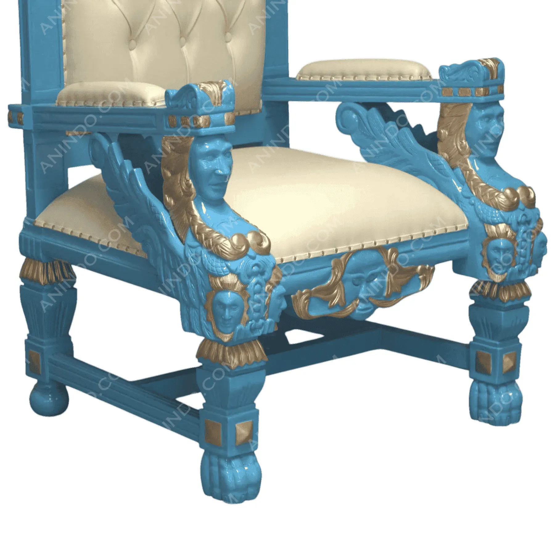 Ornate blue and gold carved armchair with cream cushion