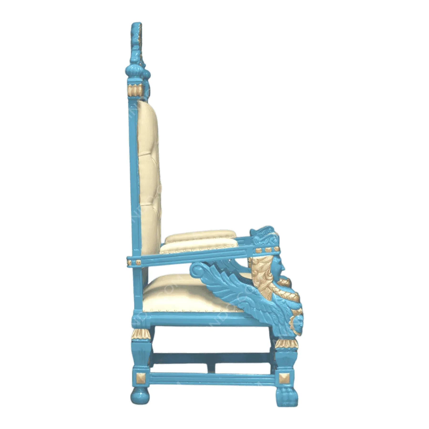 Blue and white ornate wooden throne chair