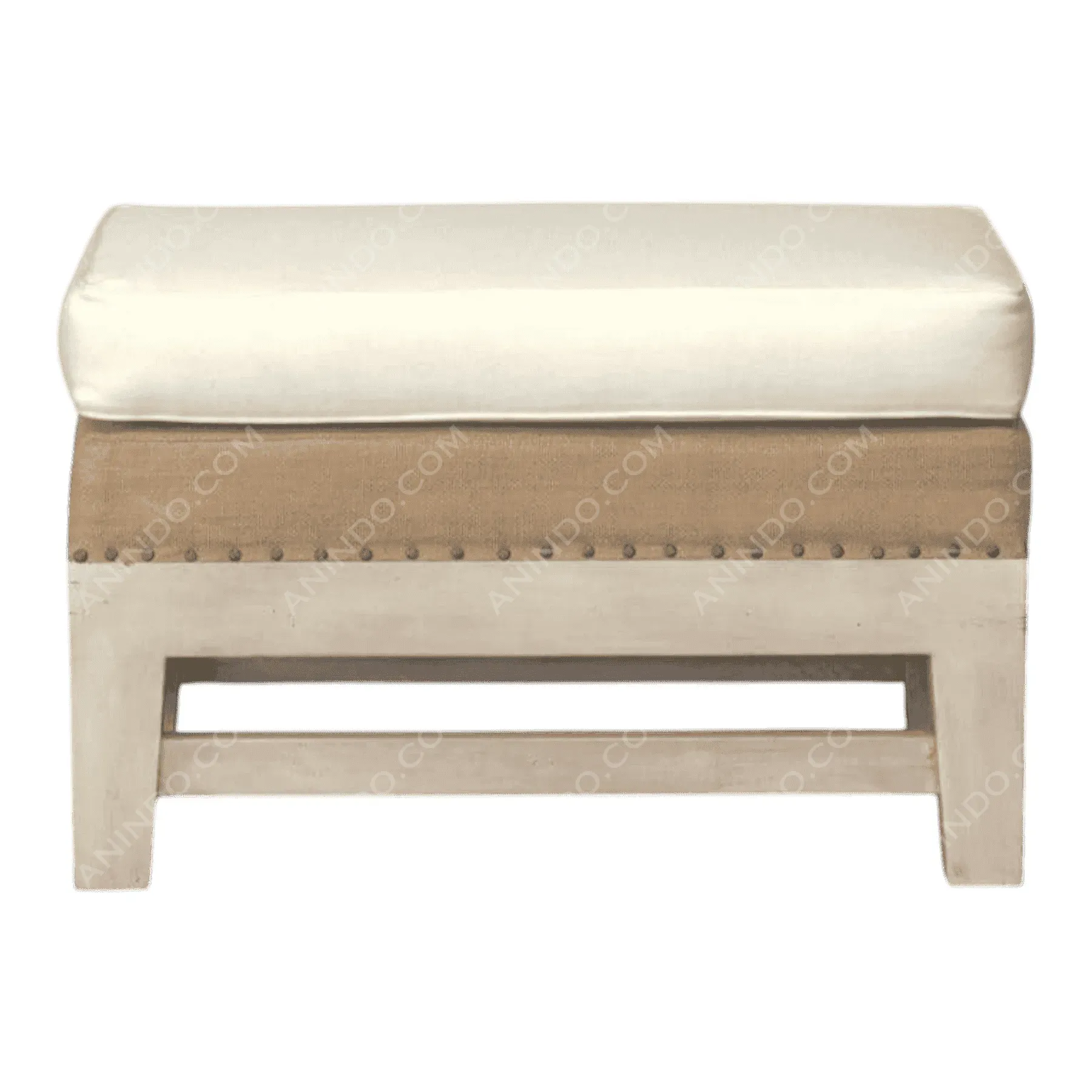 Beige cushioned wooden bench with cream seat
