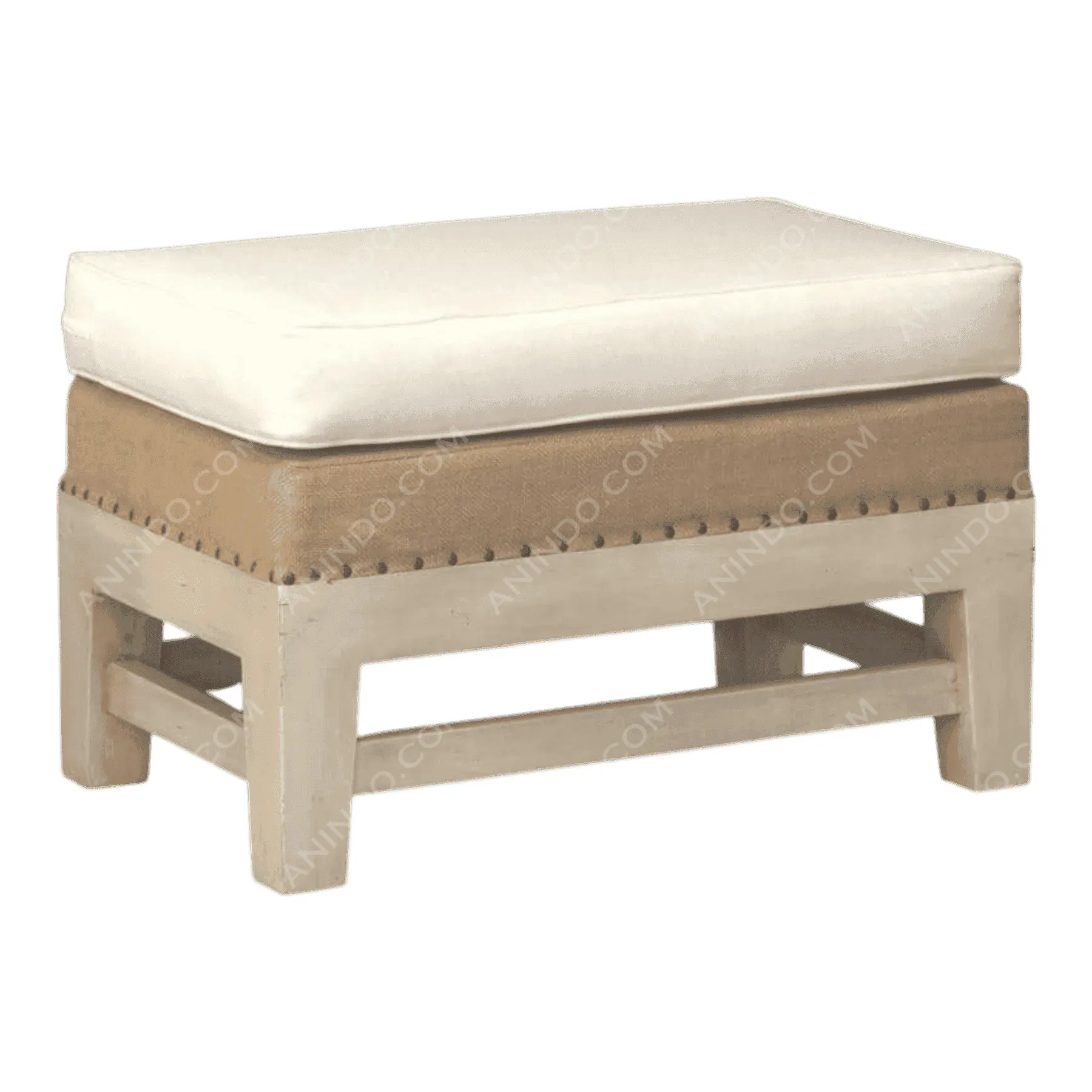 Beige upholstered wooden ottoman with cushion