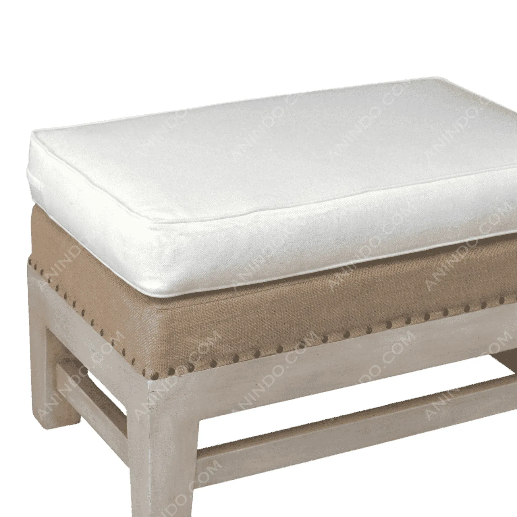 Beige wooden bench with white cushion