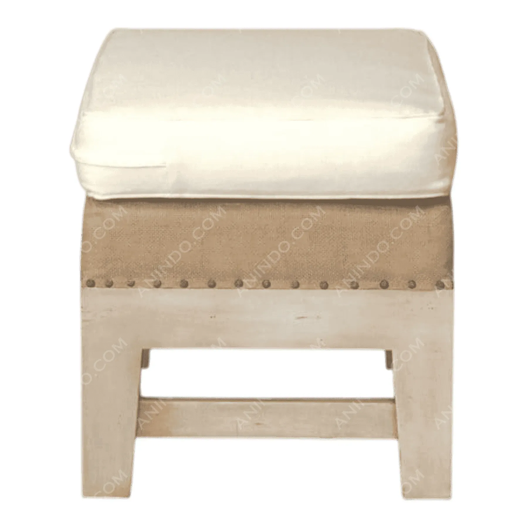 Beige upholstered wooden ottoman with cushion