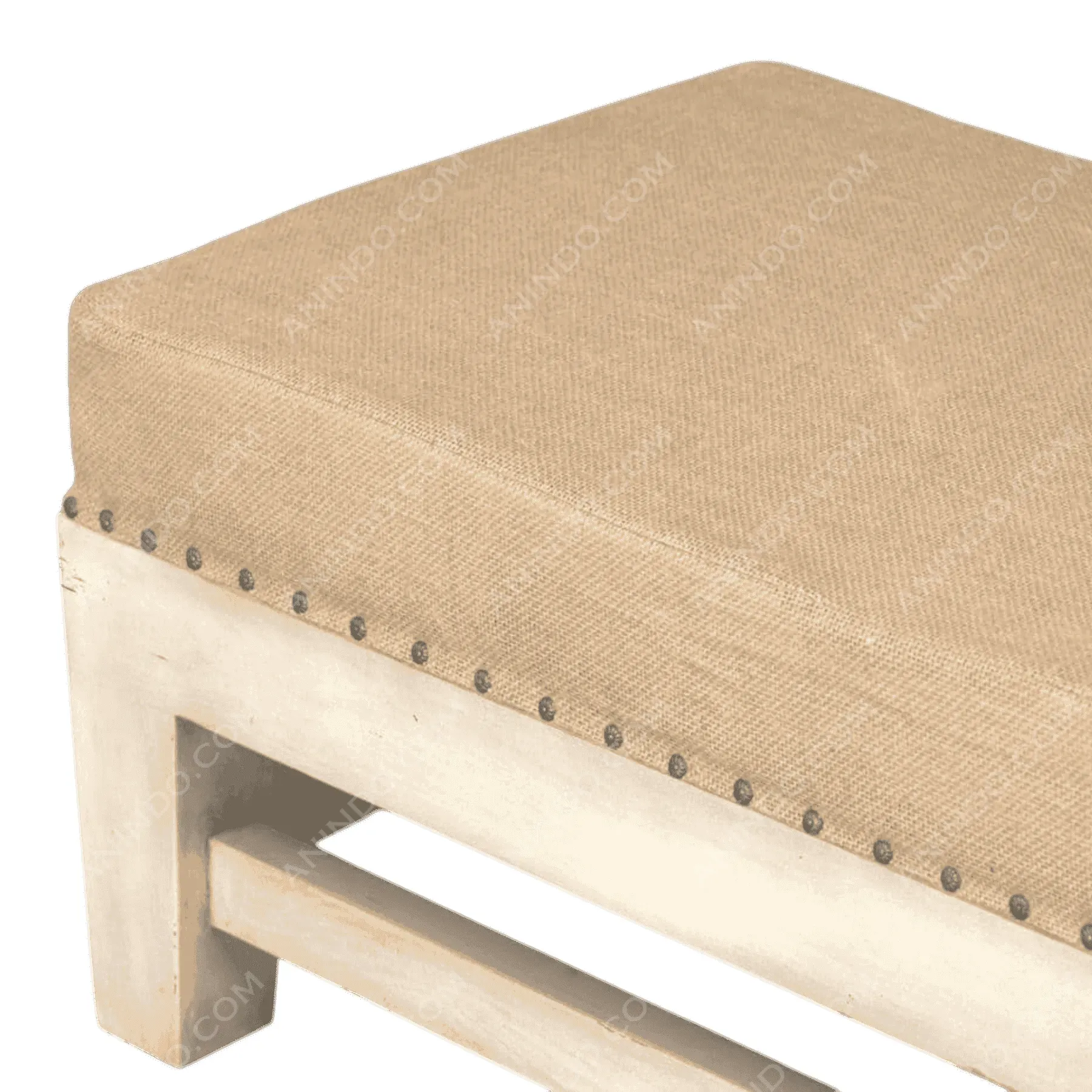 Beige upholstered wooden bench corner detail