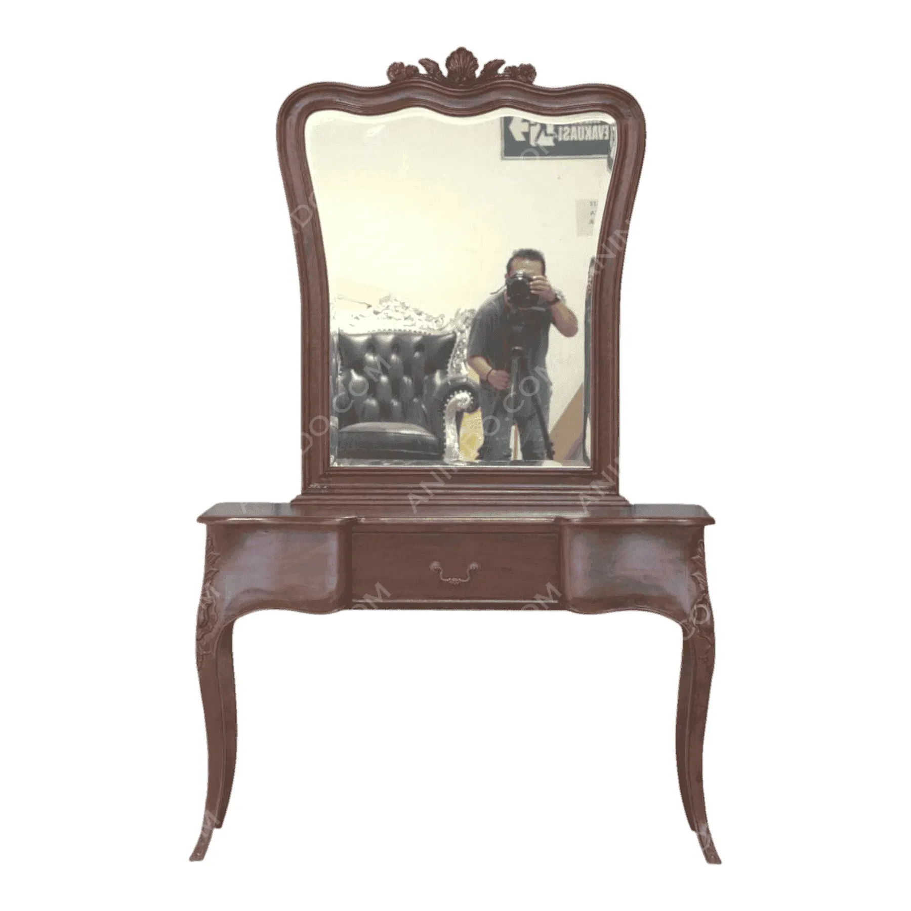 Vintage wooden vanity table with ornate mirror