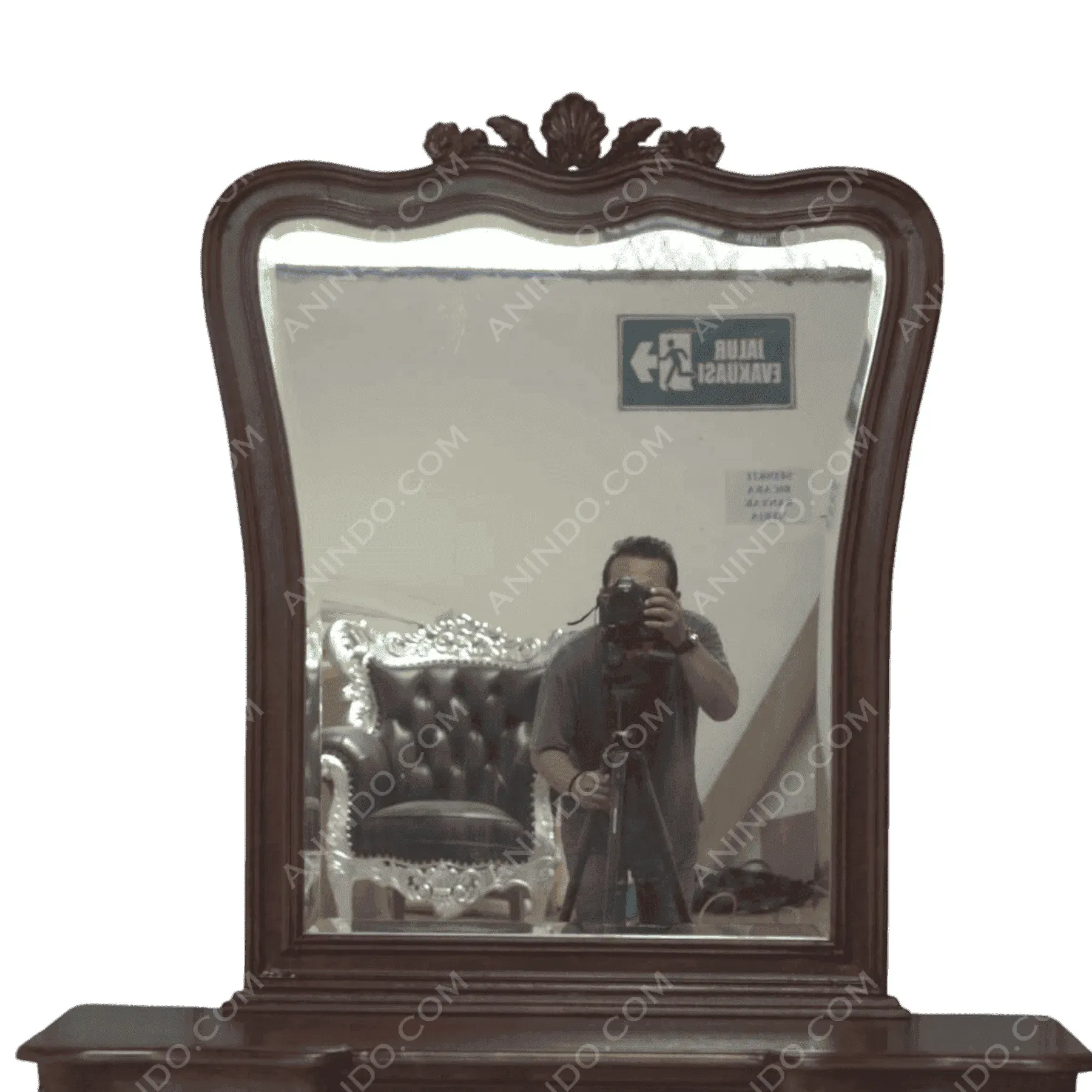Photographer reflected in ornate wooden mirror