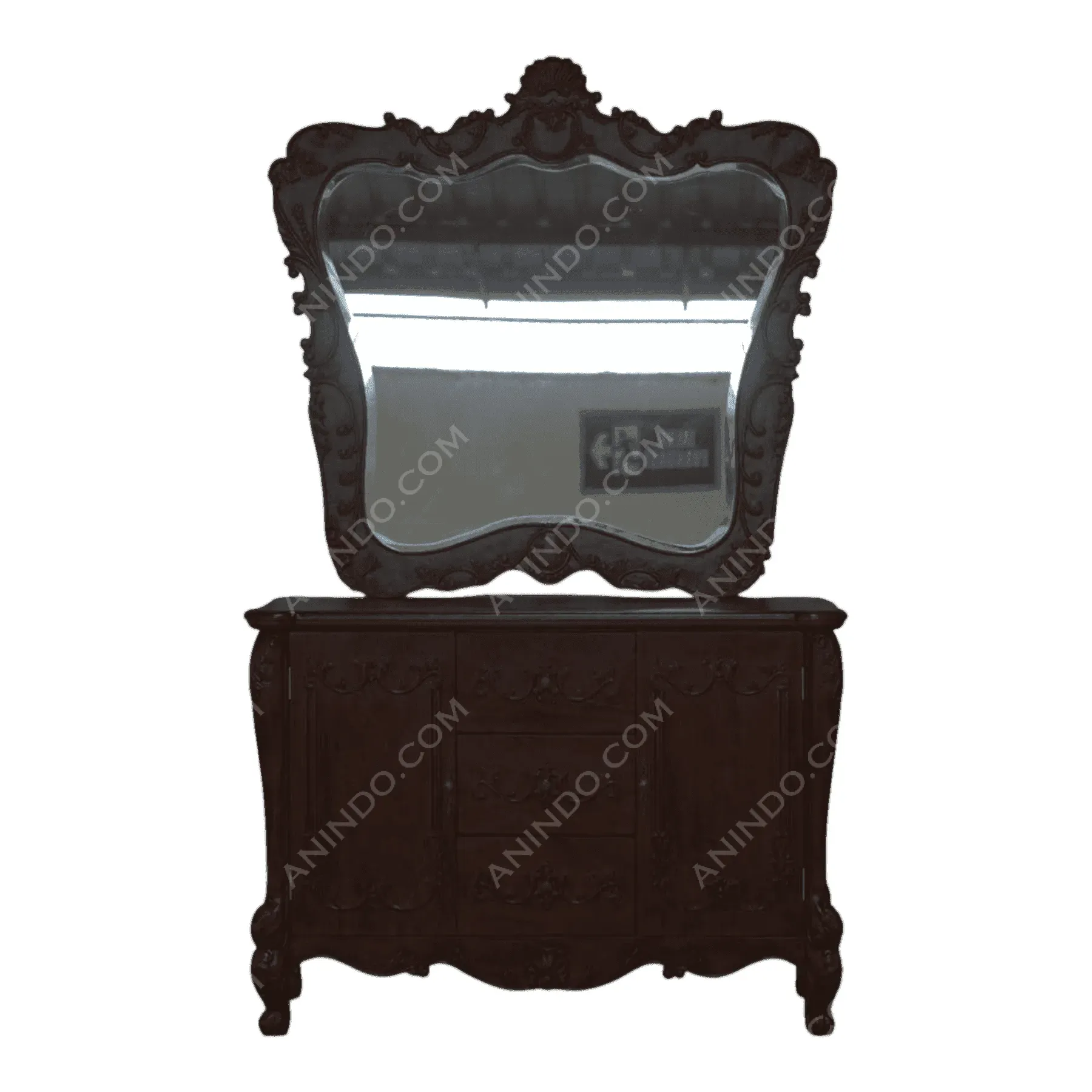 Vintage wooden dresser with ornate mirror