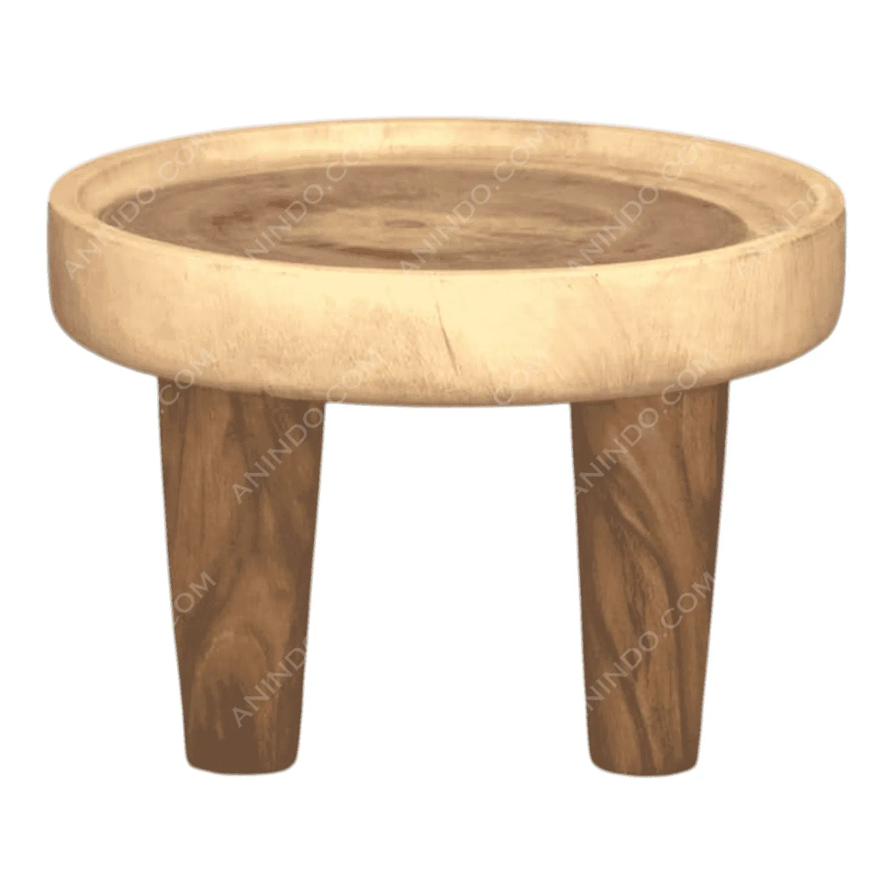 Round wooden coffee table with three legs