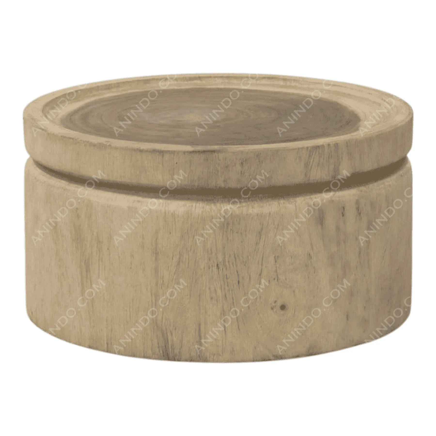 Round wooden coffee table with rustic finish