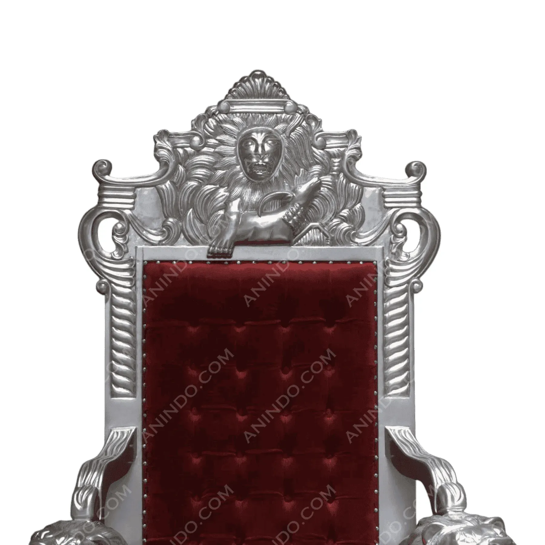 Silver ornate throne with red velvet upholstery