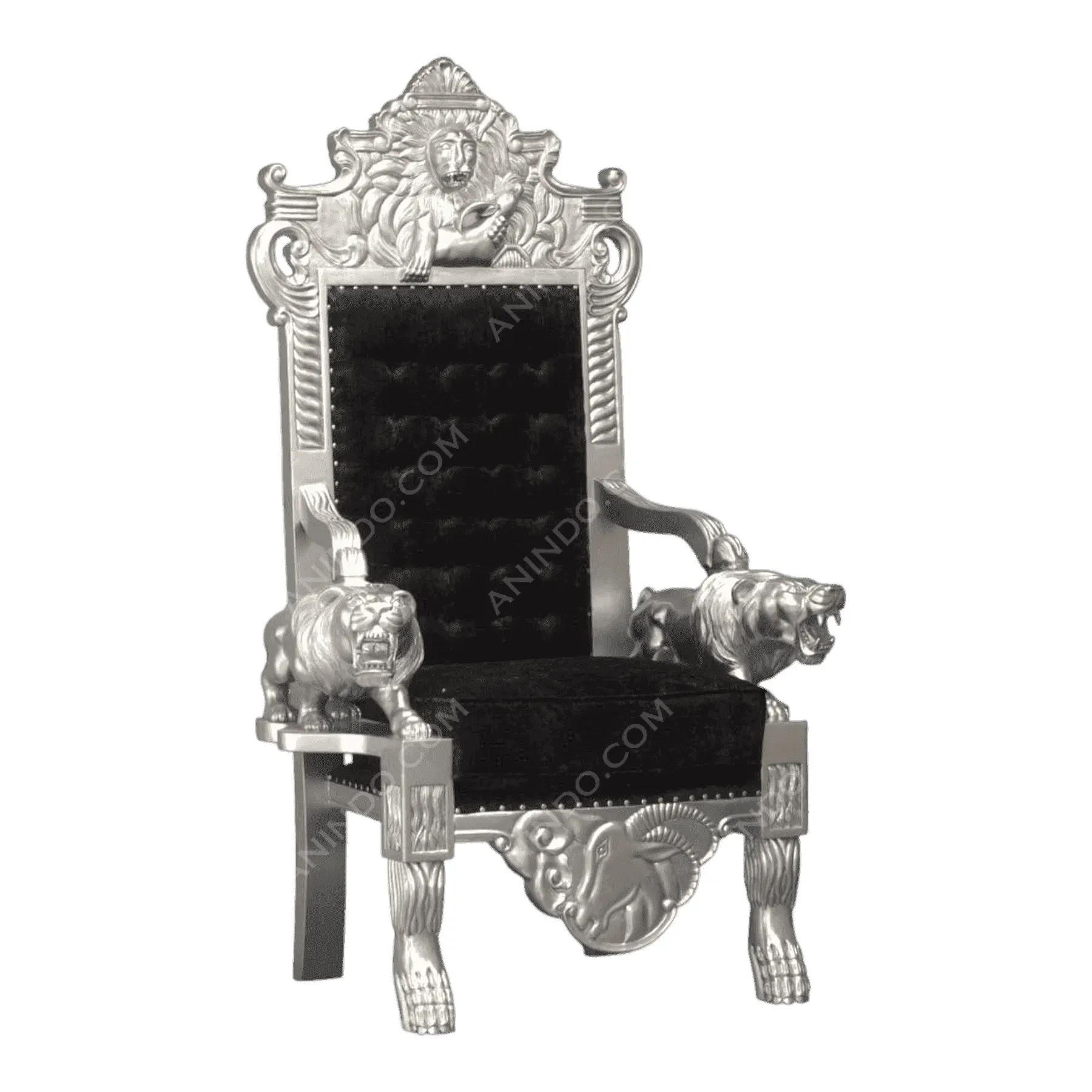 Luxurious silver throne with black velvet upholstery