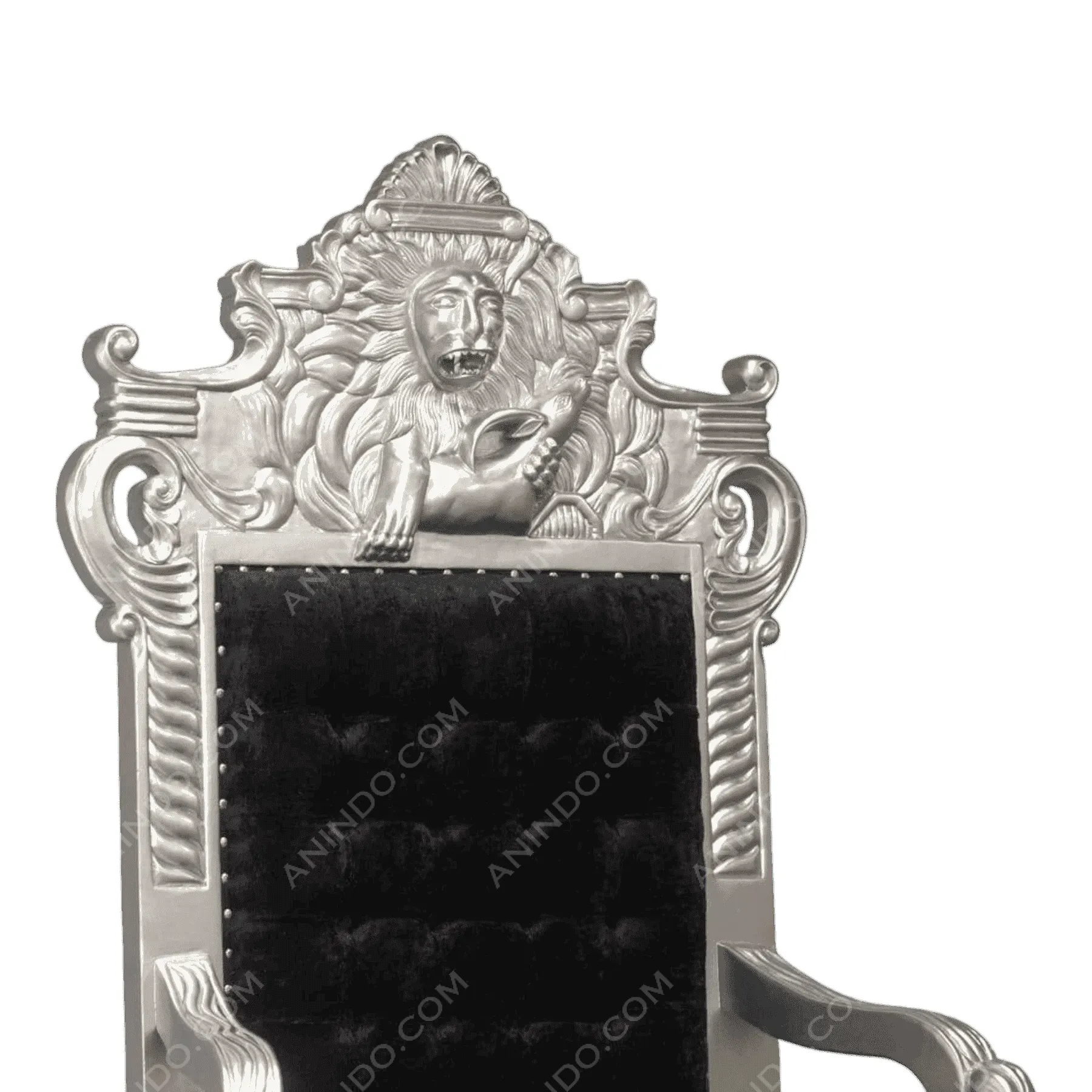 Silver lion carved throne with black velvet upholstery