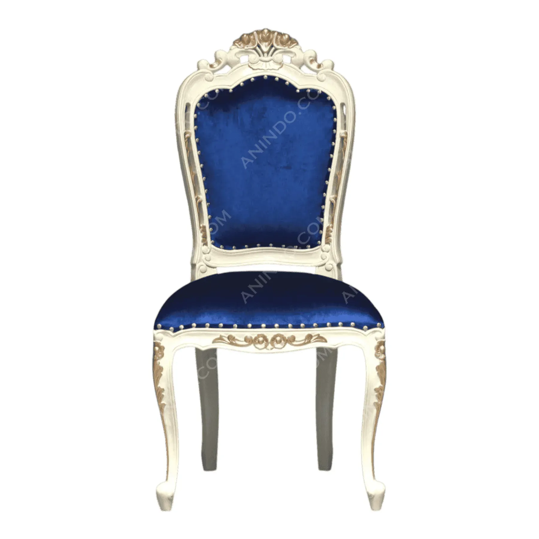 Elegant blue velvet antique chair with carved frame