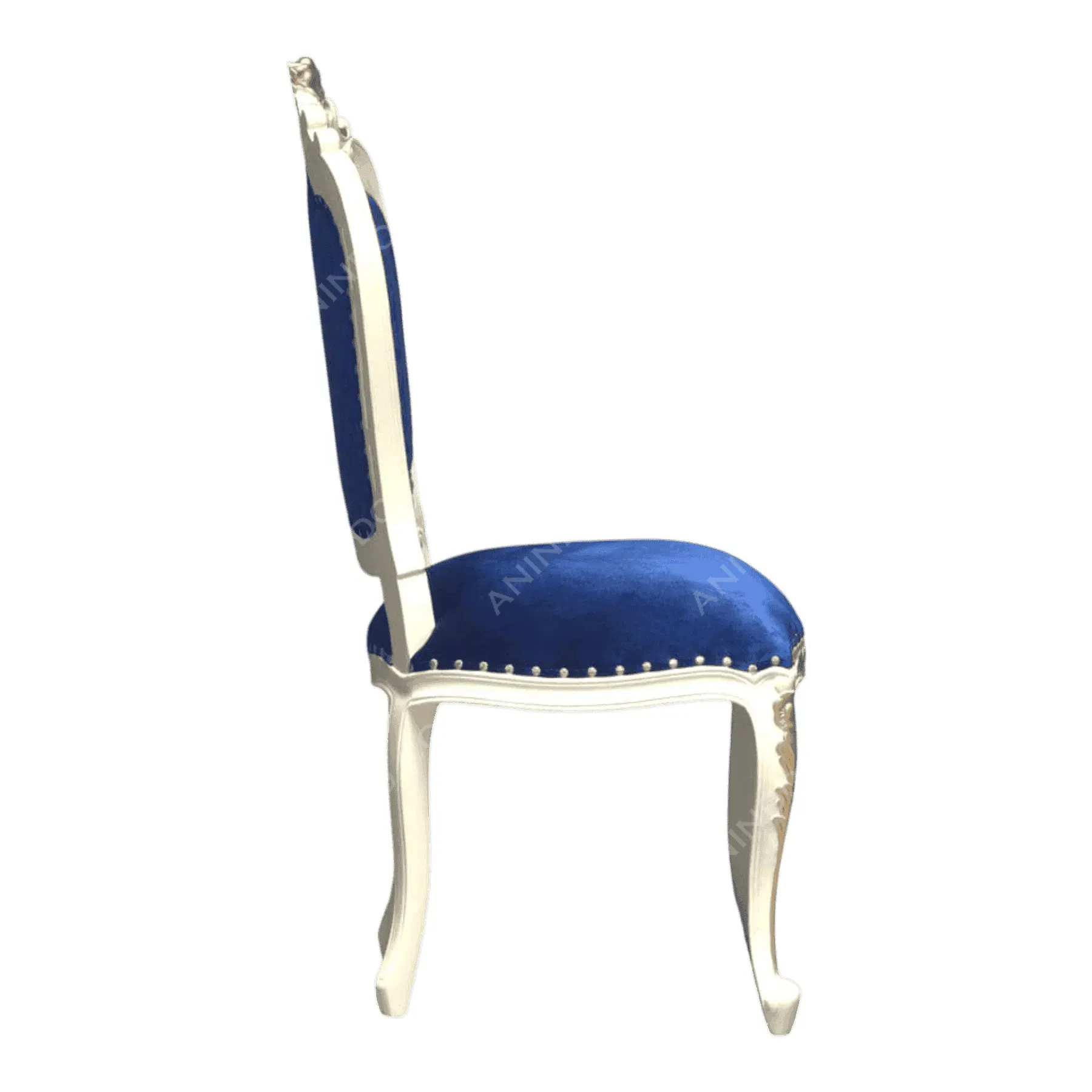 Elegant white chair with blue velvet upholstery
