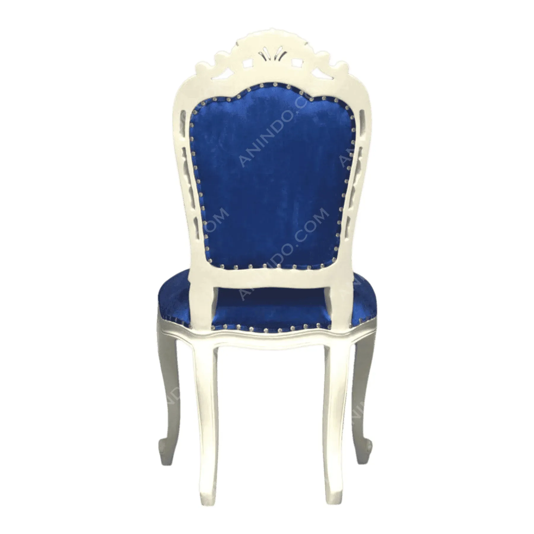Elegant blue velvet chair with white frame
