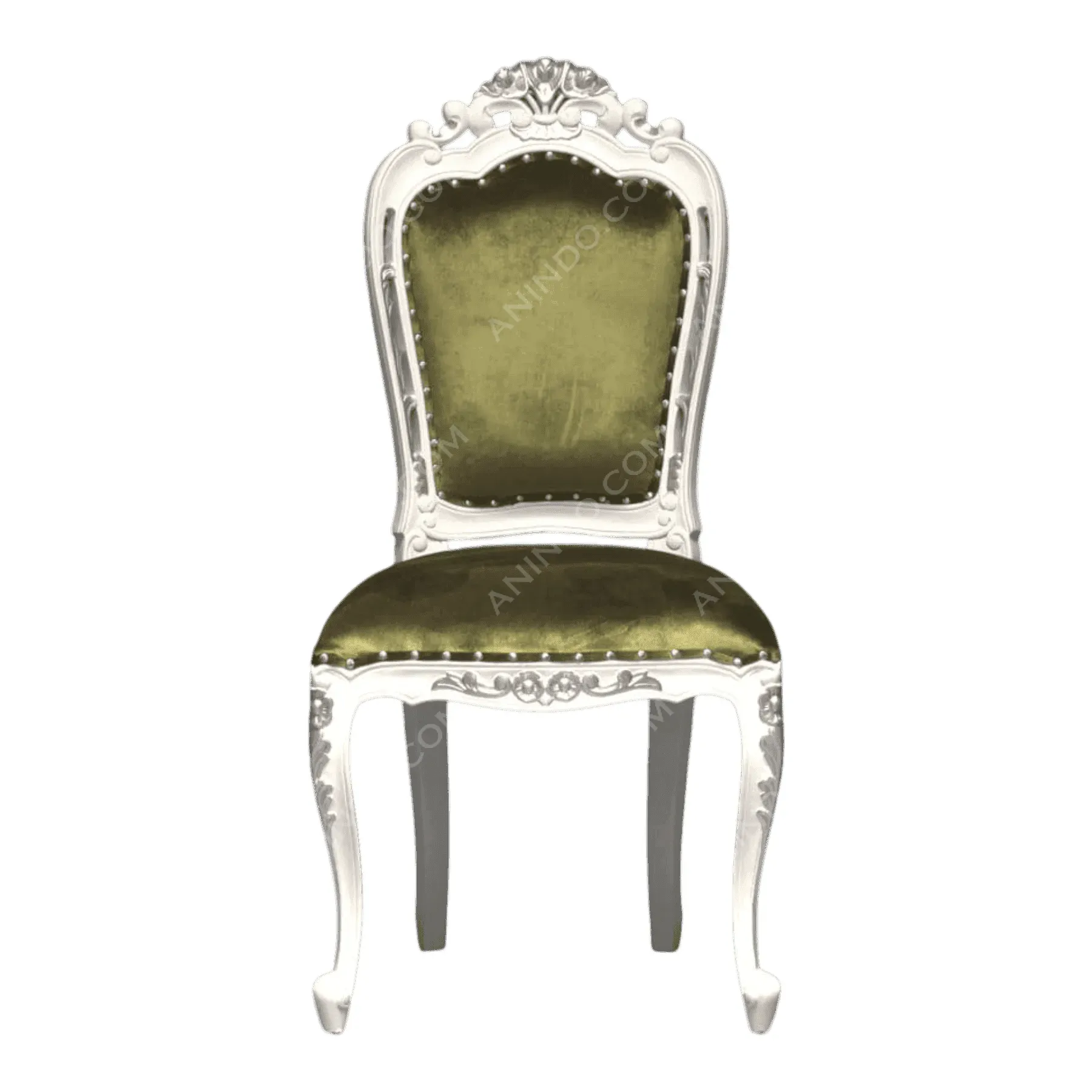 Vintage green velvet chair with ornate white frame