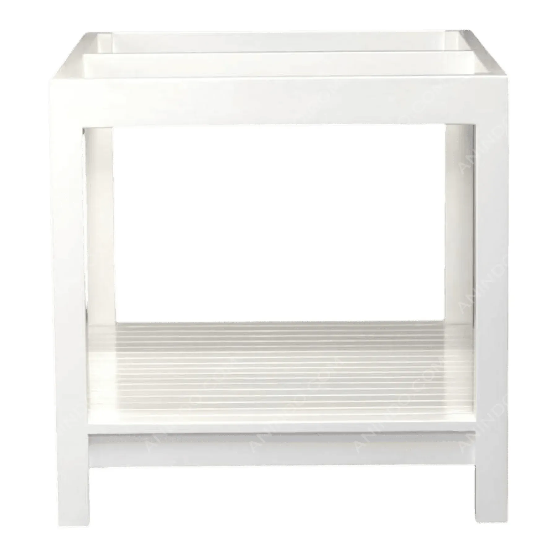 White wooden vanity base with storage shelf