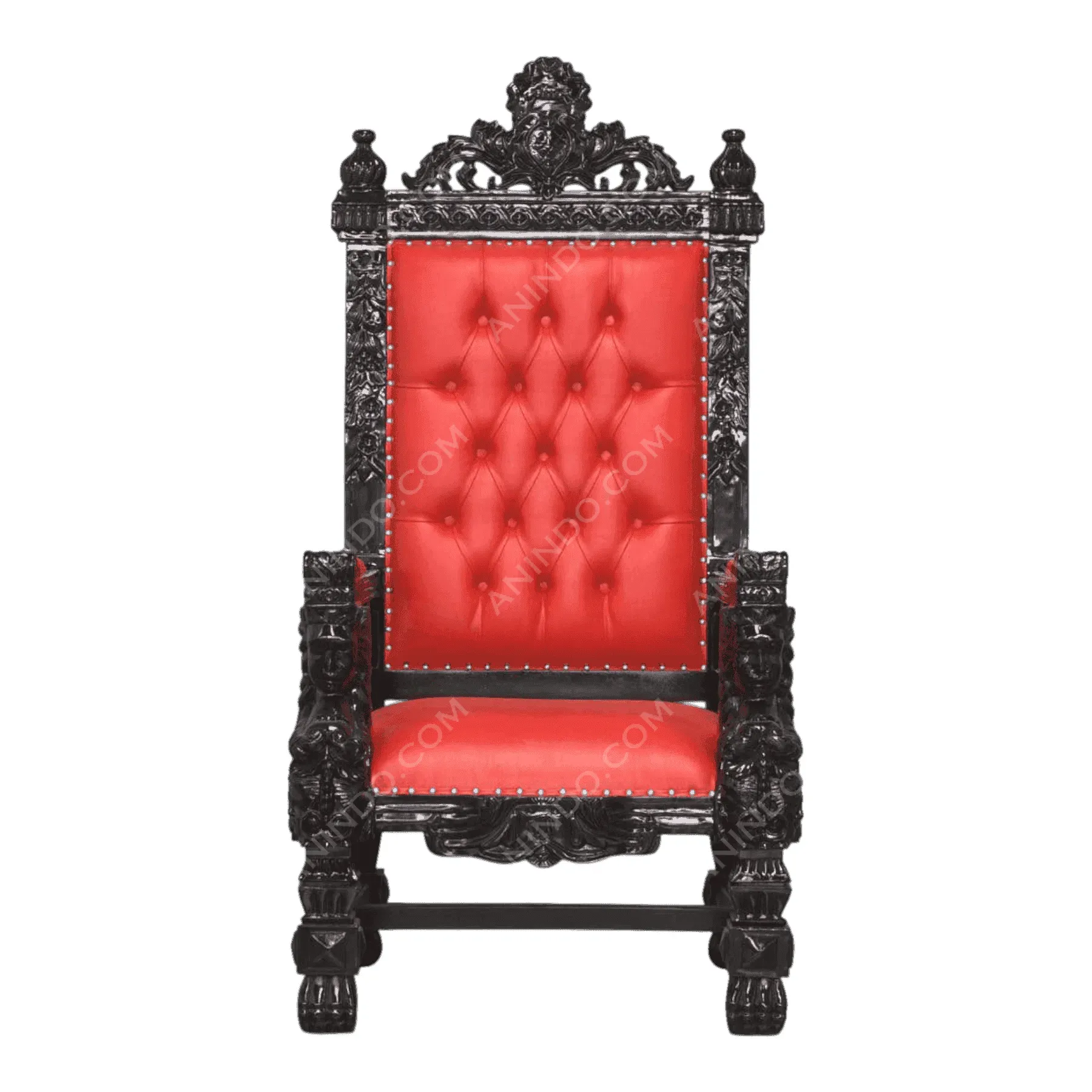 Ornate black wood throne with red upholstery