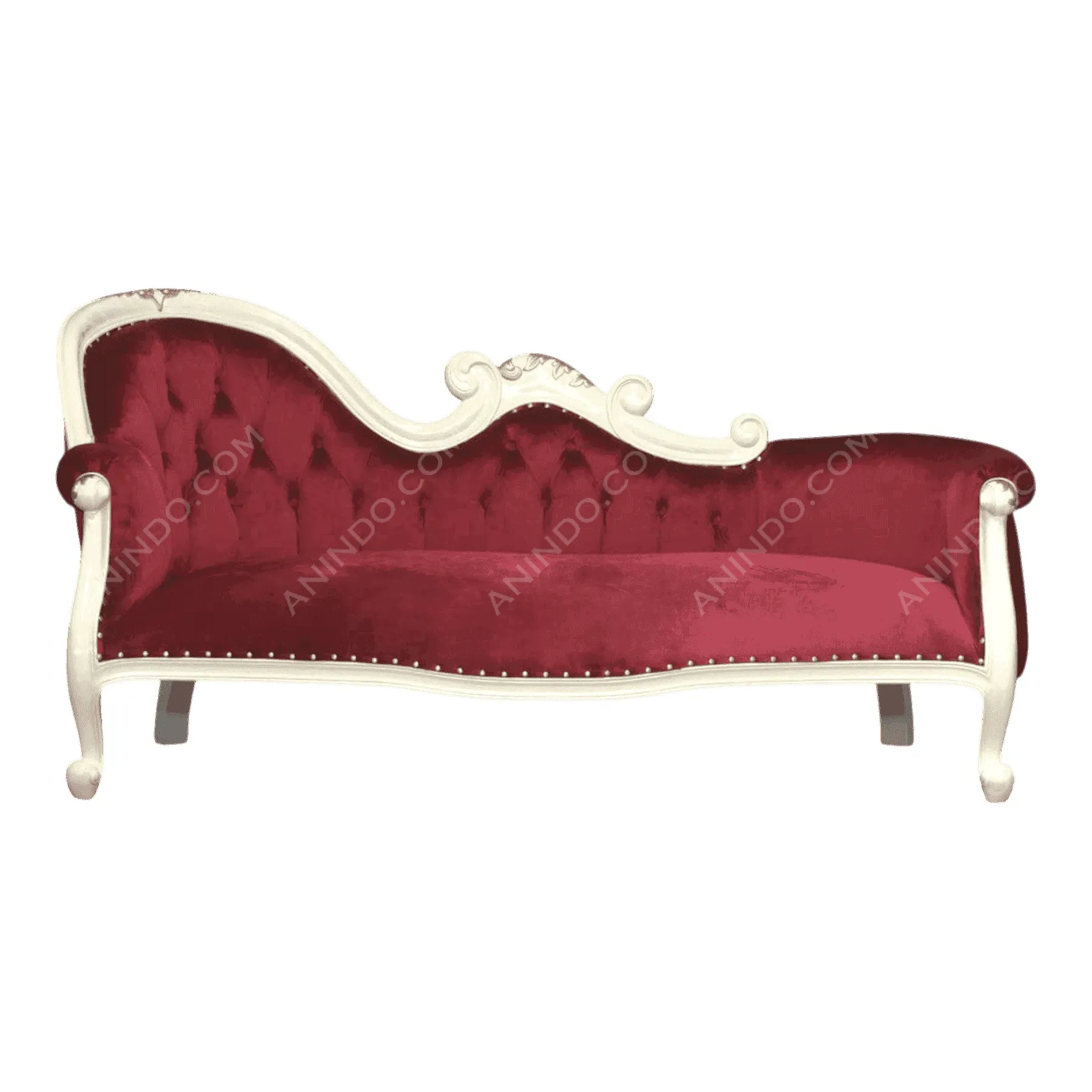Vintage red velvet chaise lounge with white frame