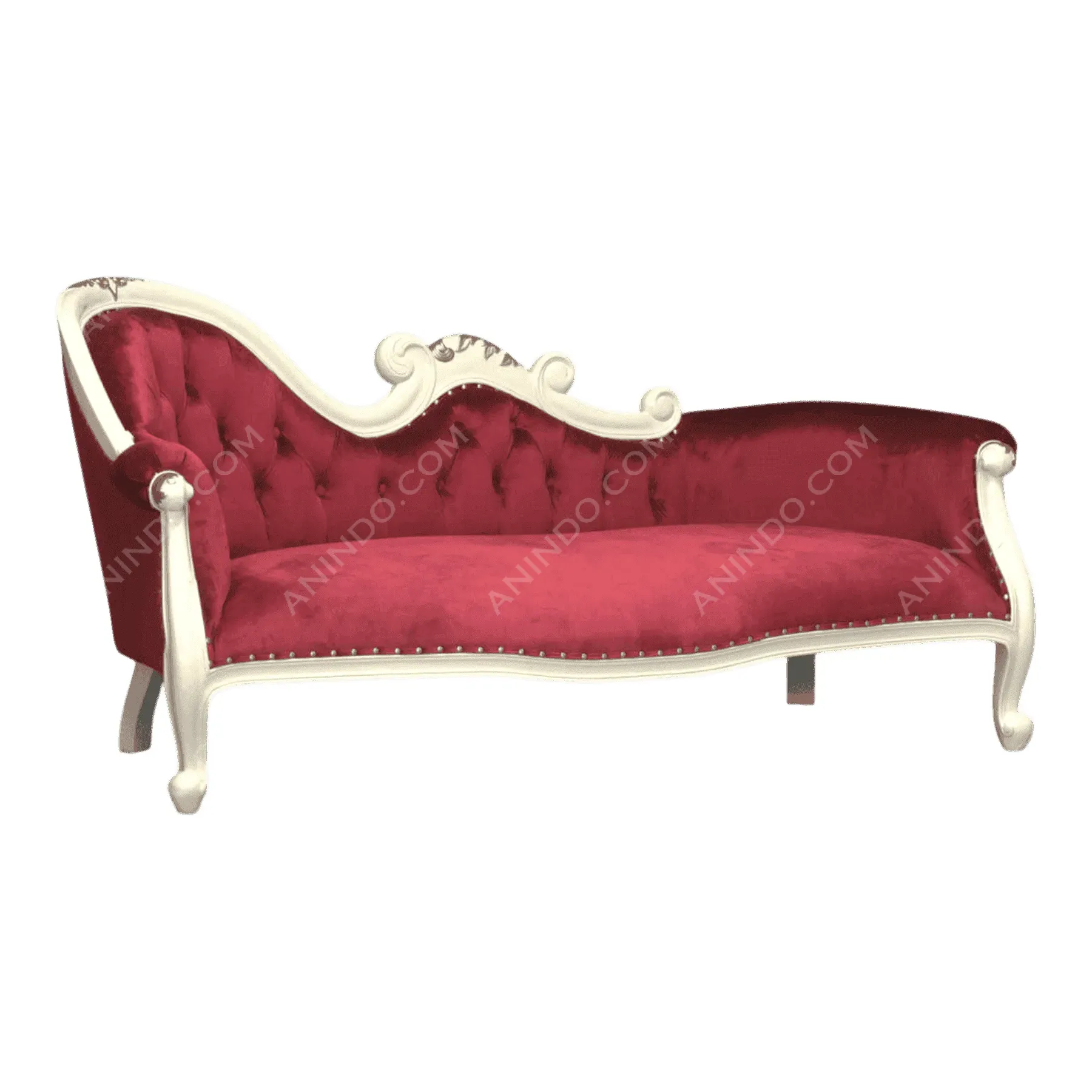 Red velvet vintage chaise lounge with white frame