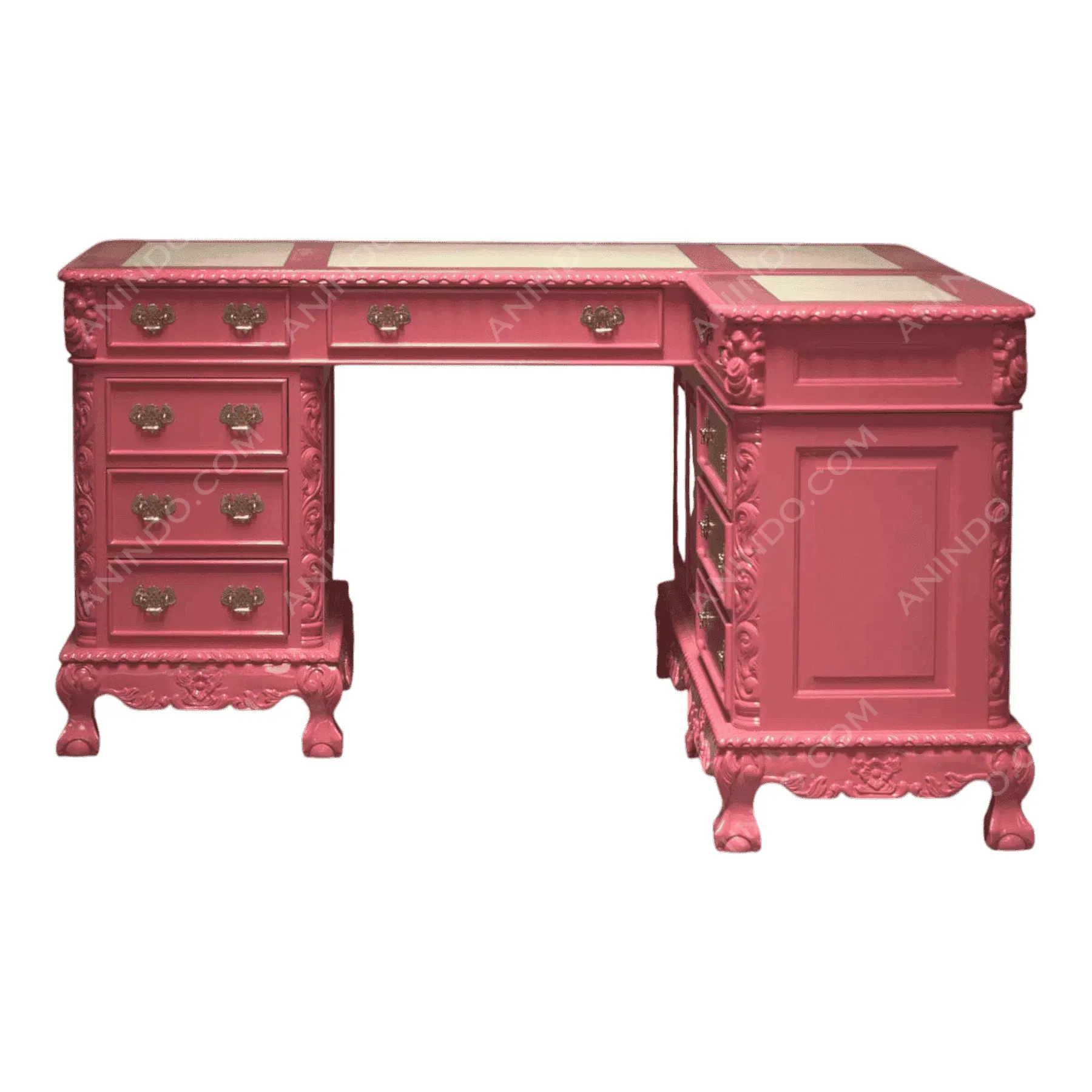 Pink vintage L-shaped wooden desk with drawers