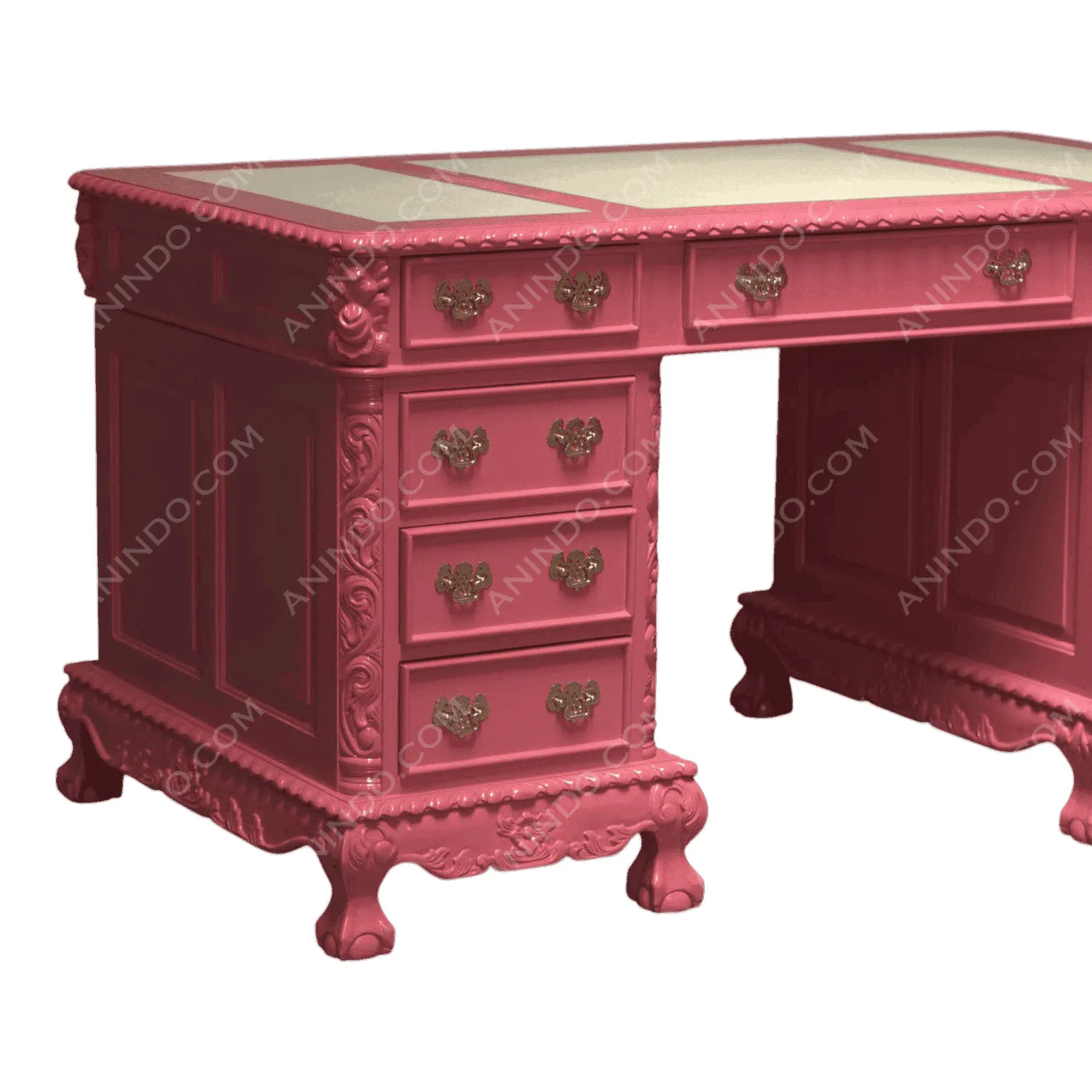 Vintage pink desk with ornate carvings and drawers
