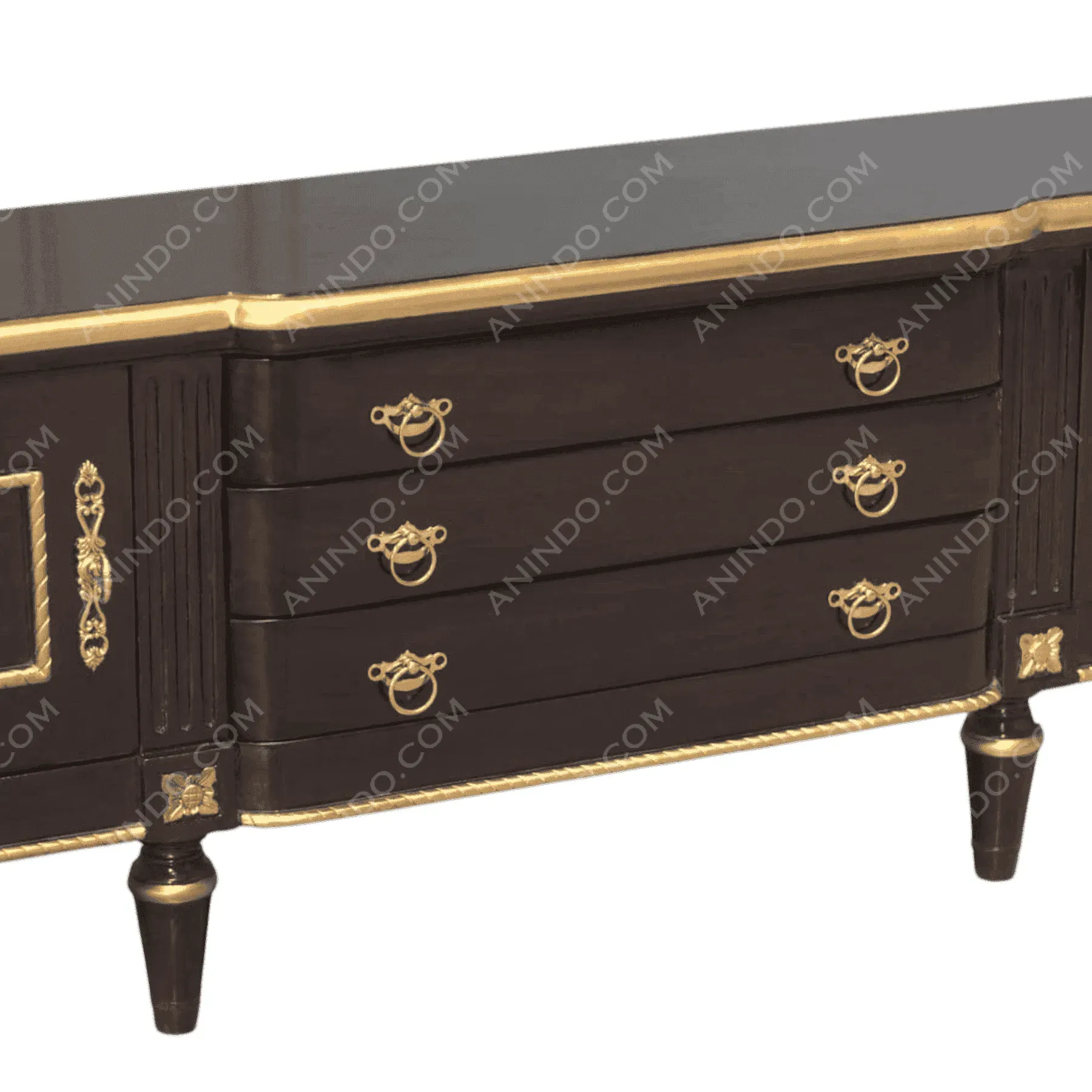 Elegant dark wood dresser with gold accents
