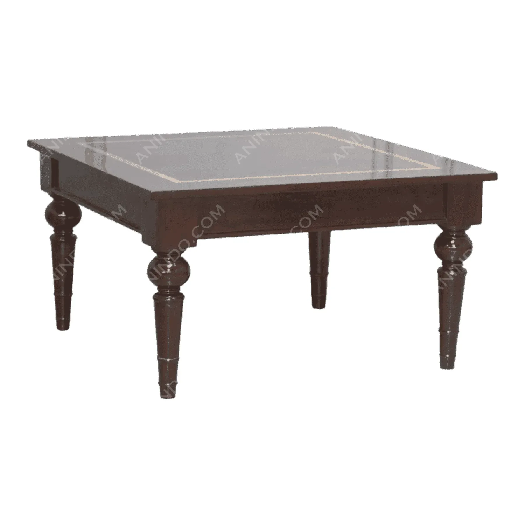 Square dark wood coffee table with turned legs