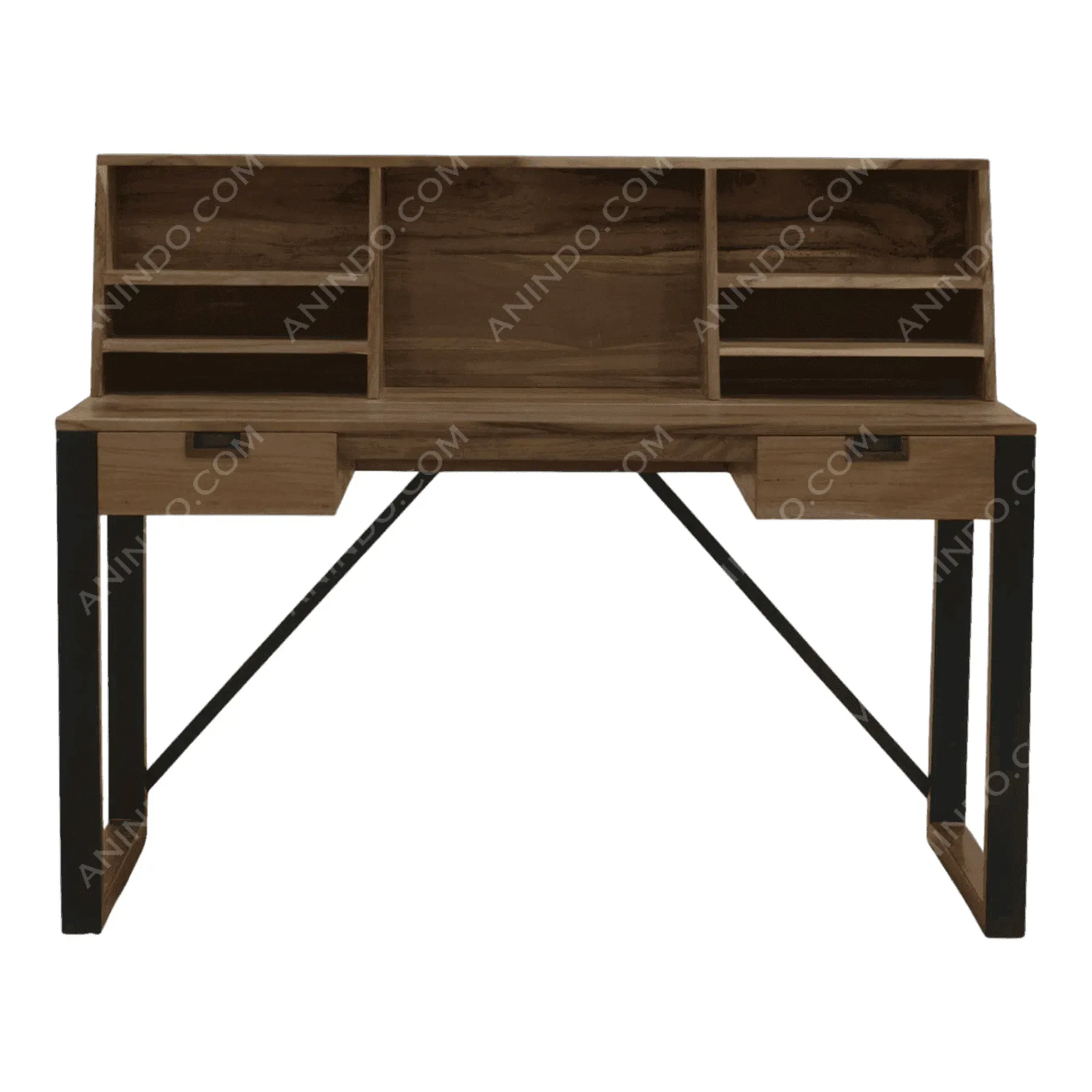 Wood and metal desk with drawers and shelves