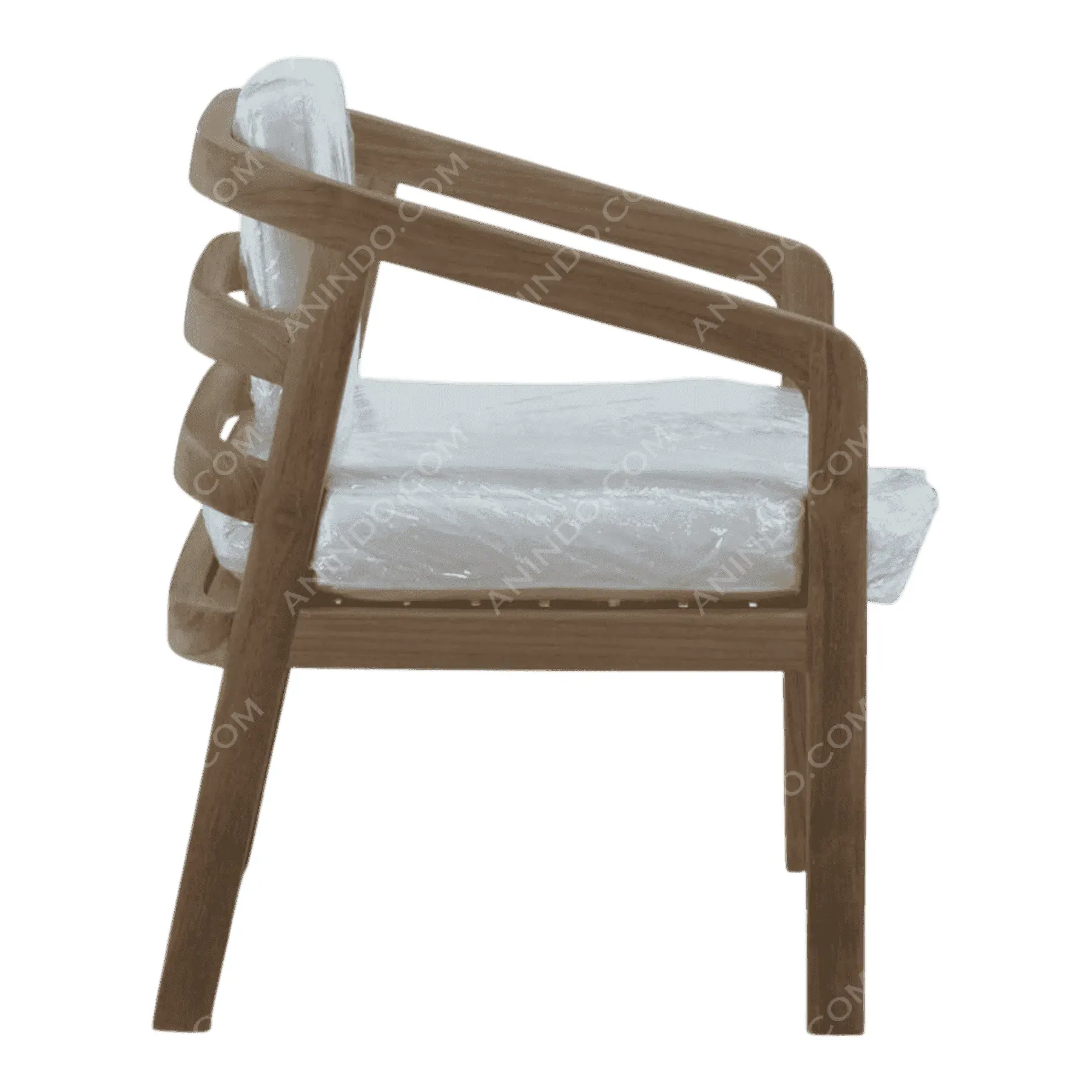 Modern wooden armchair with white cushions