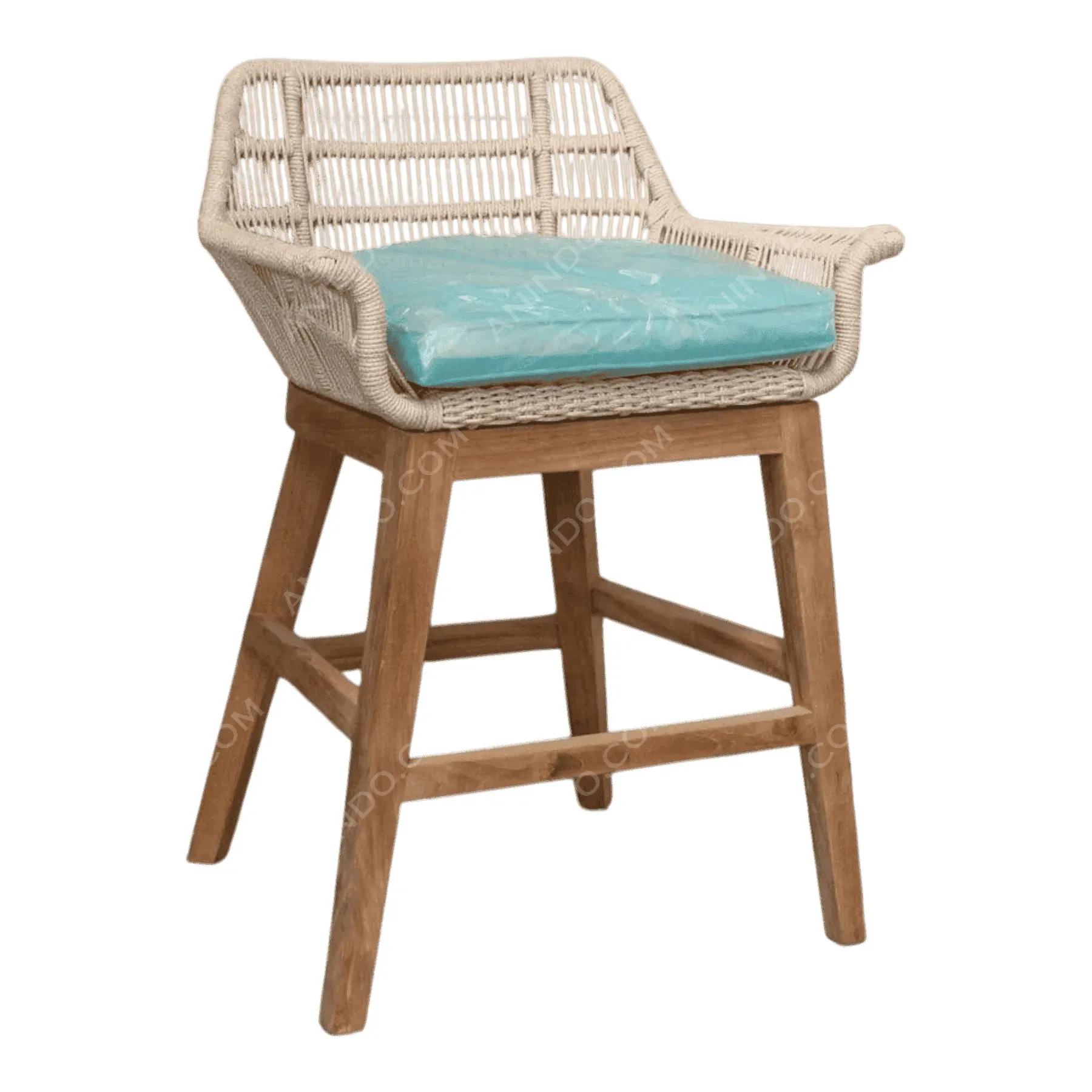 Wicker bar stool with teal cushion