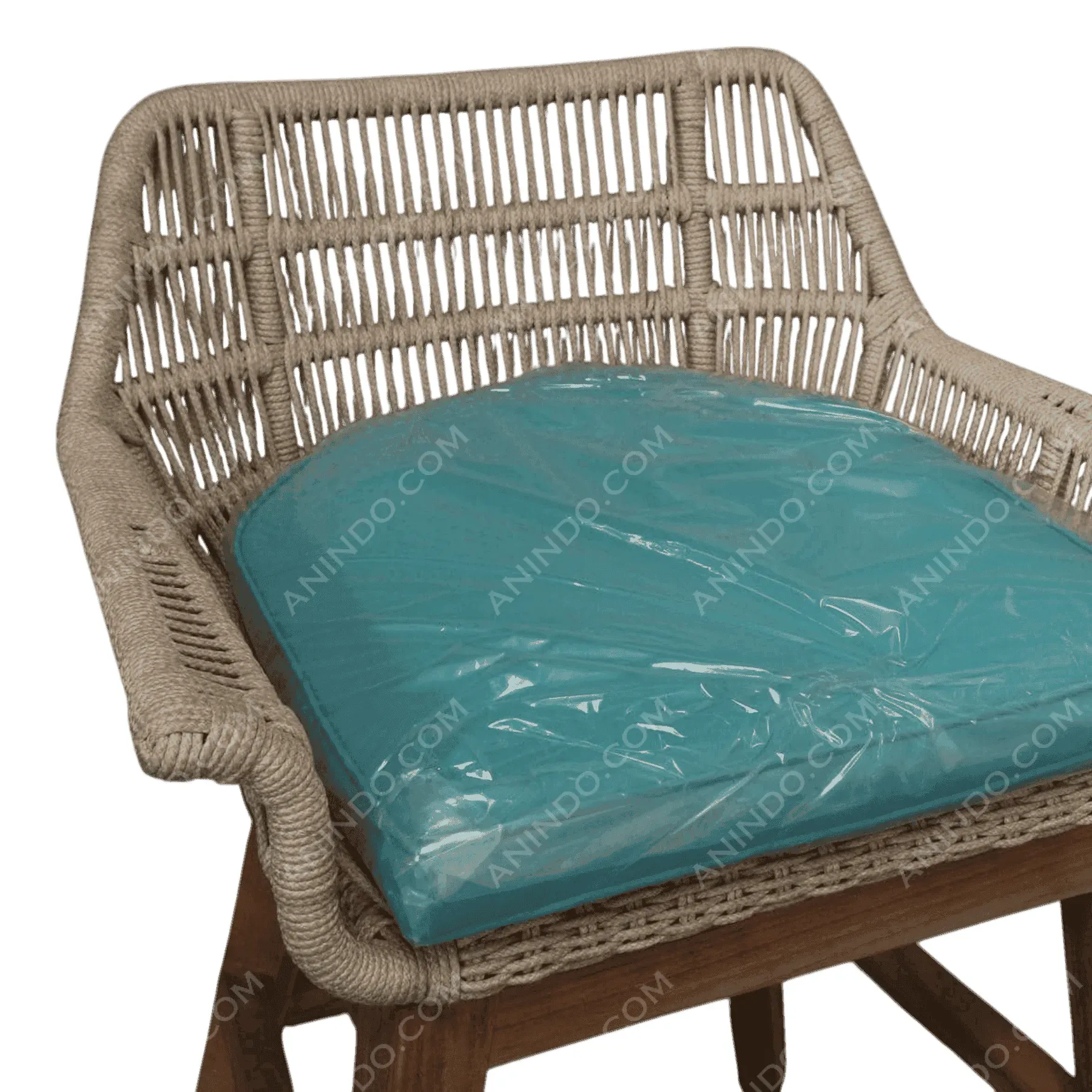 Wicker chair with turquoise cushion