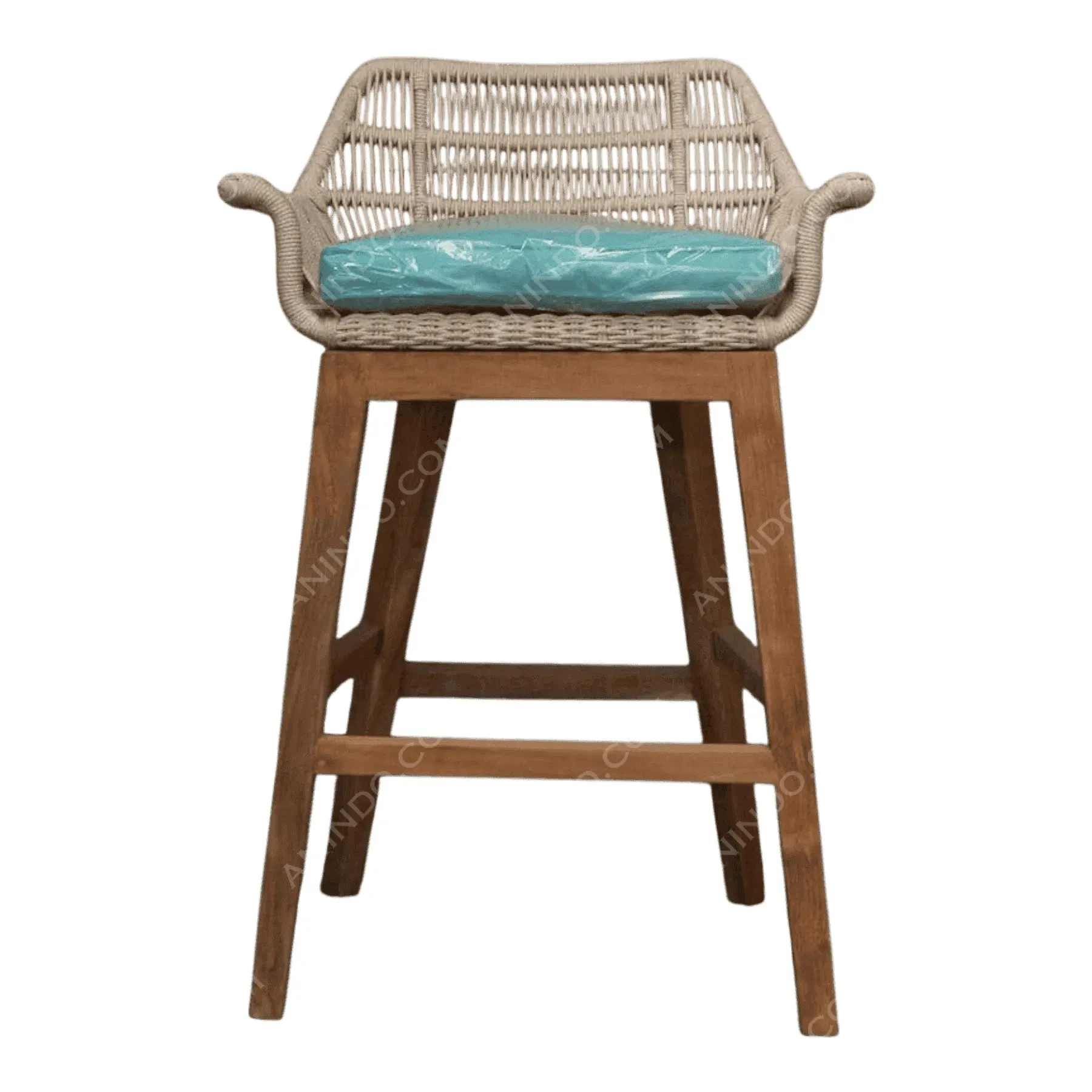 Wicker bar stool with turquoise cushion and wooden legs