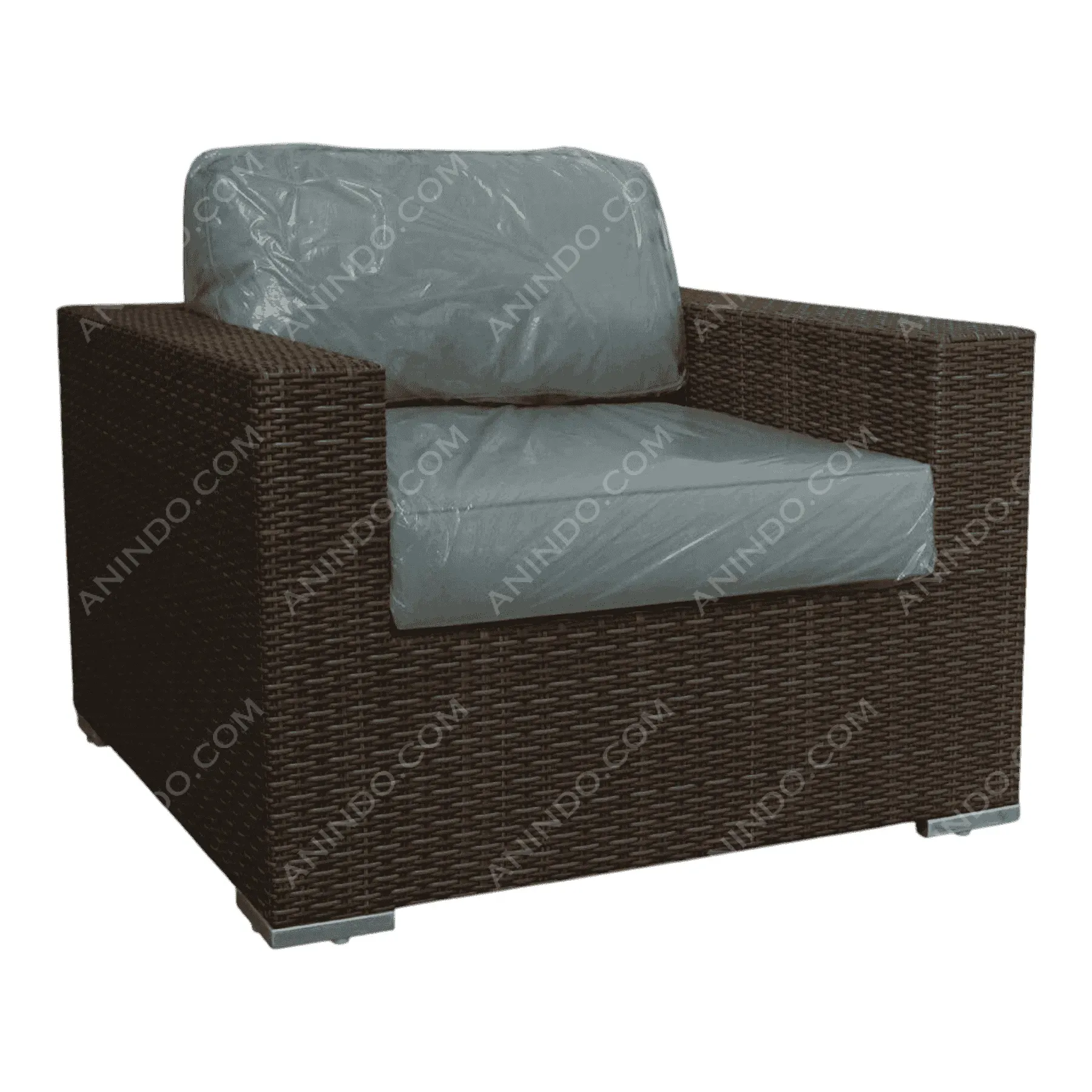 Brown wicker outdoor armchair with gray cushions