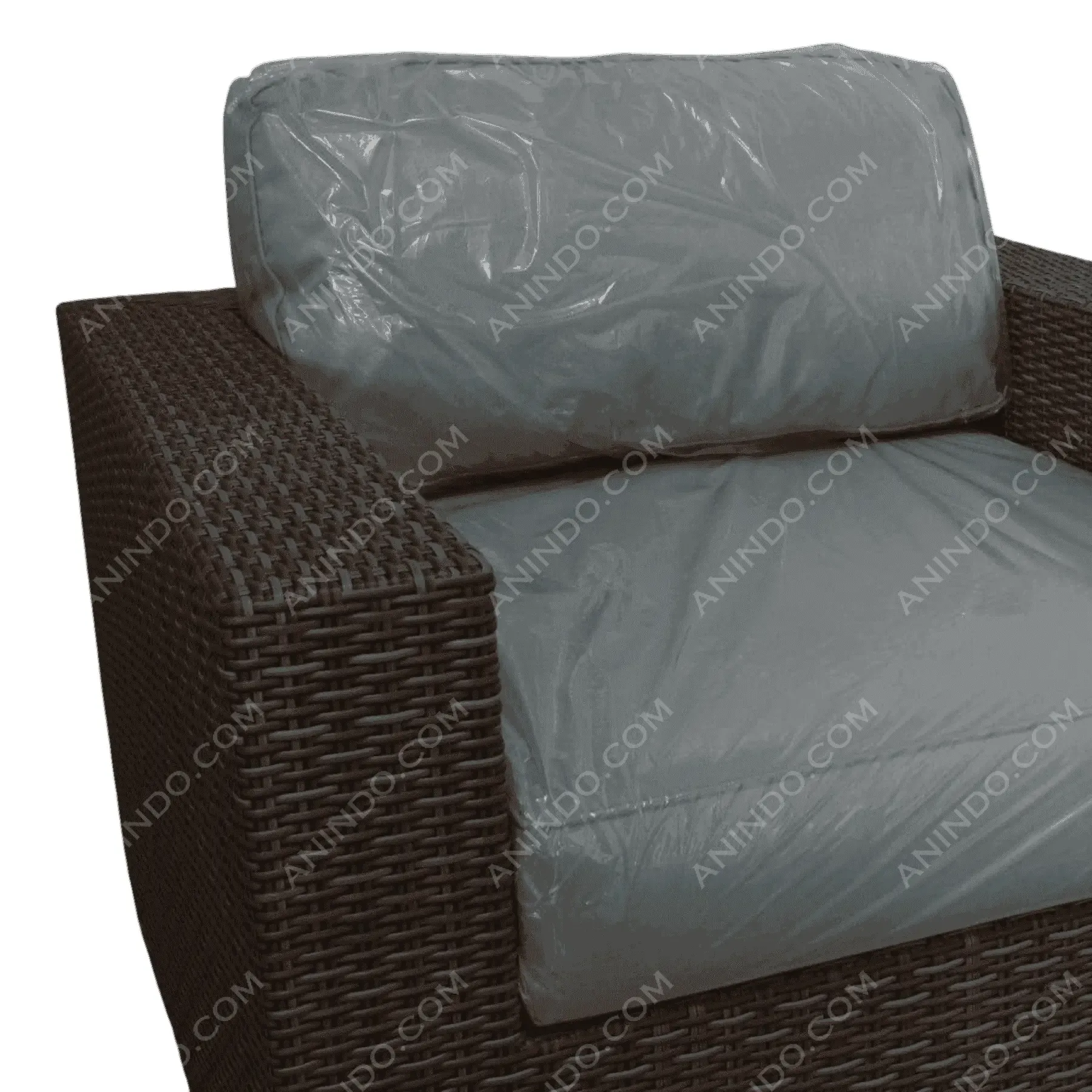 Wicker patio chair with gray cushions