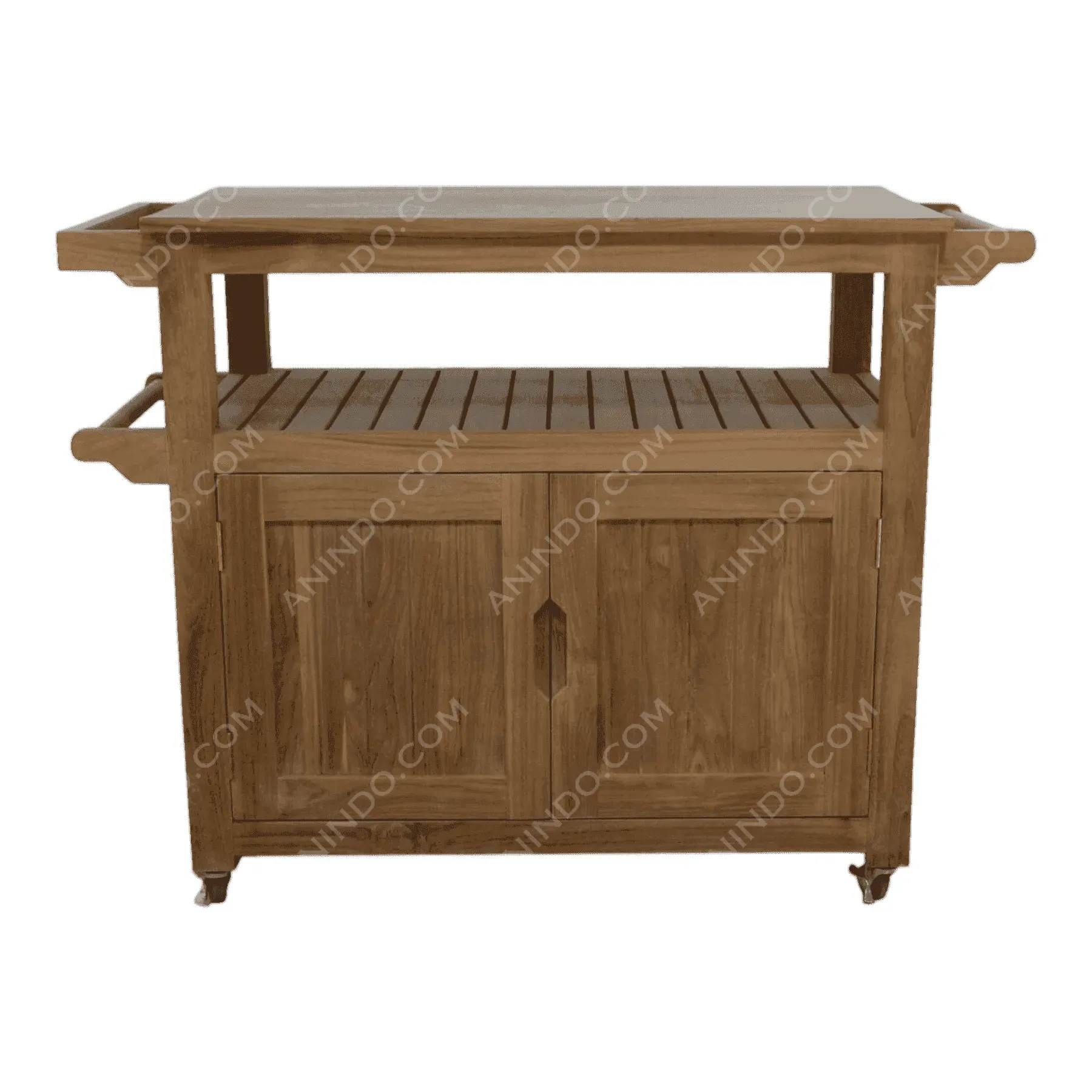 Wooden kitchen cart with shelves and cabinet