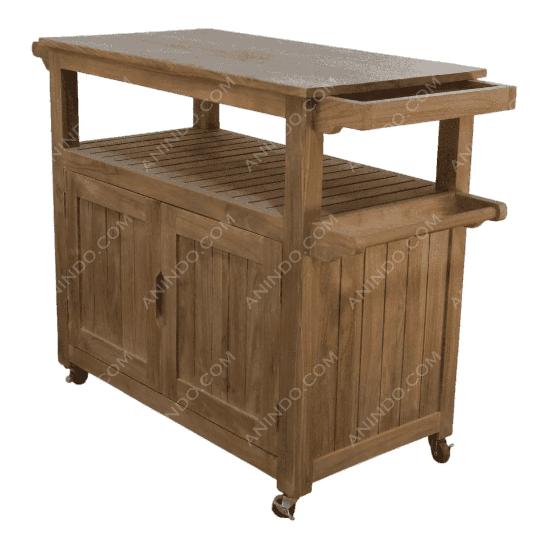 Wooden kitchen island cart with shelves and wheels